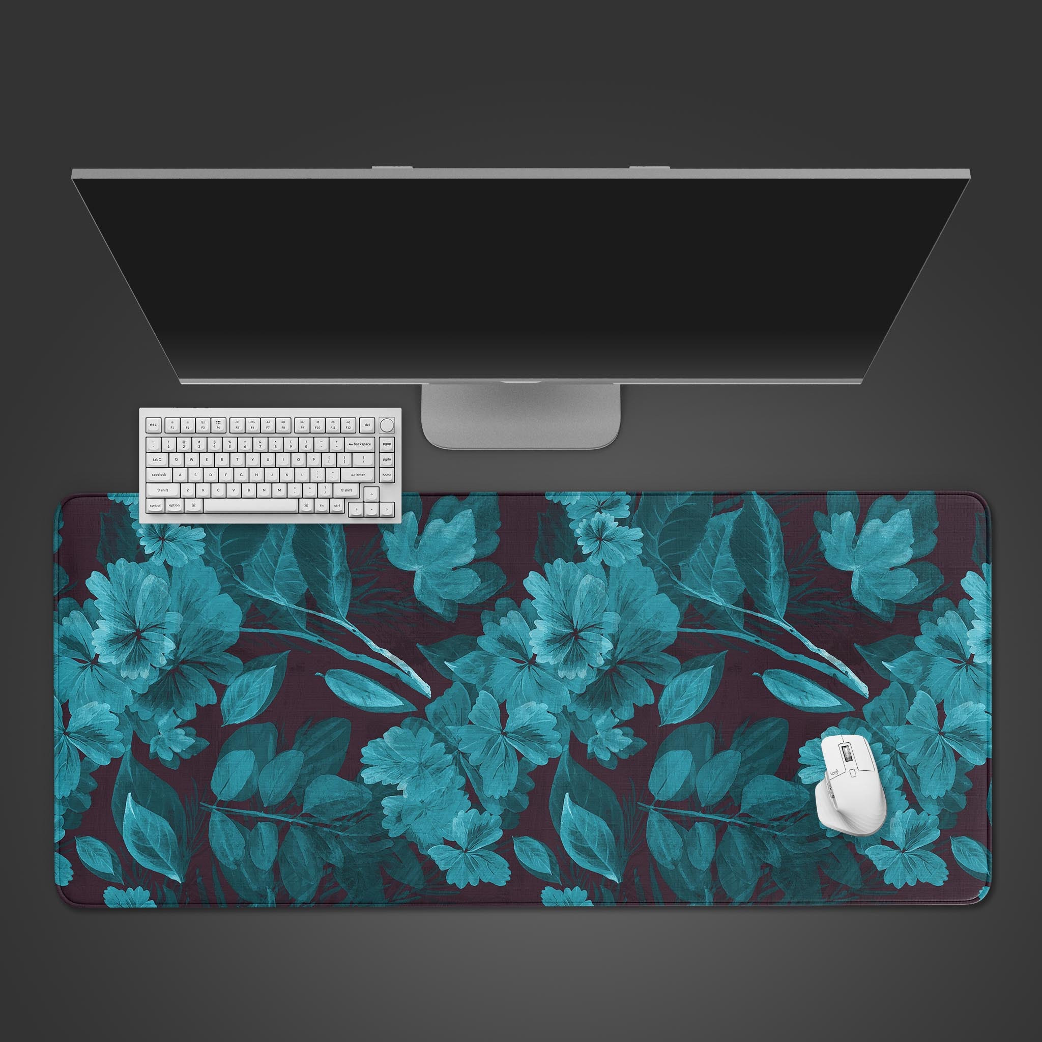 Azure Bloom floral desk mat in teal and plum, shown from a top-down view with a keyboard and mouse. - Epic Design Pads & Mousepads