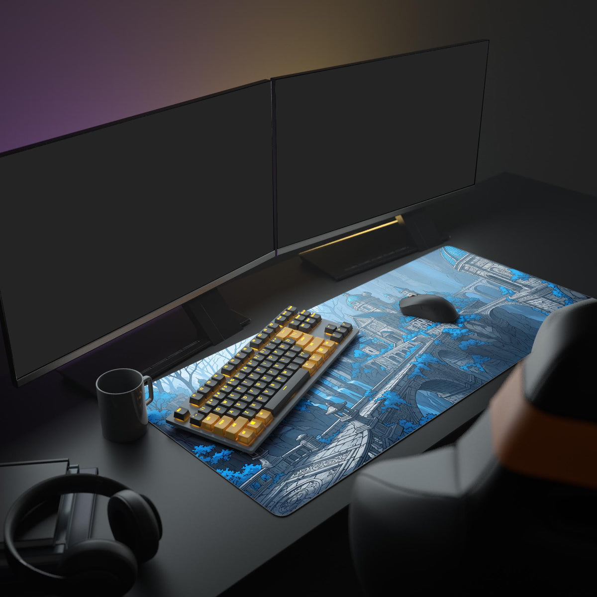 A full PC setup showcasing the Azure Spire fantasy mouse pad, complementing dual monitors and a clean, modern aesthetic. - Epic Design Pads & Mousepads