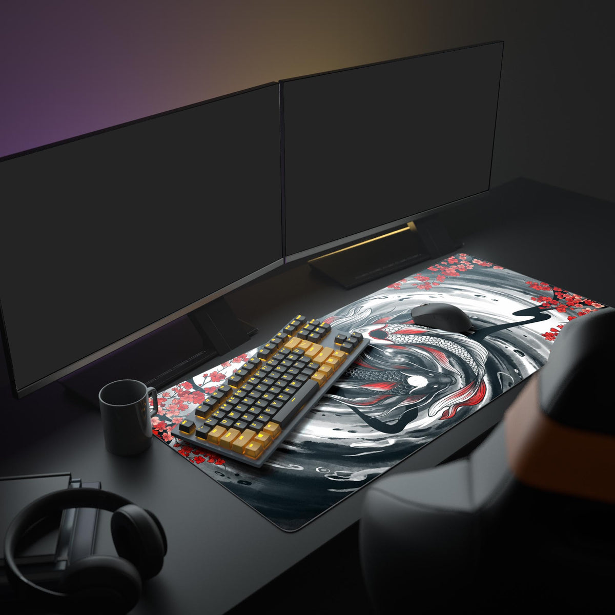 Koi desk mat on a dark desk in a room with dual monitors, keyboard, mouse, mug and headphones; ink swirl and red blossoms - Epic Design Pads & Mousepads