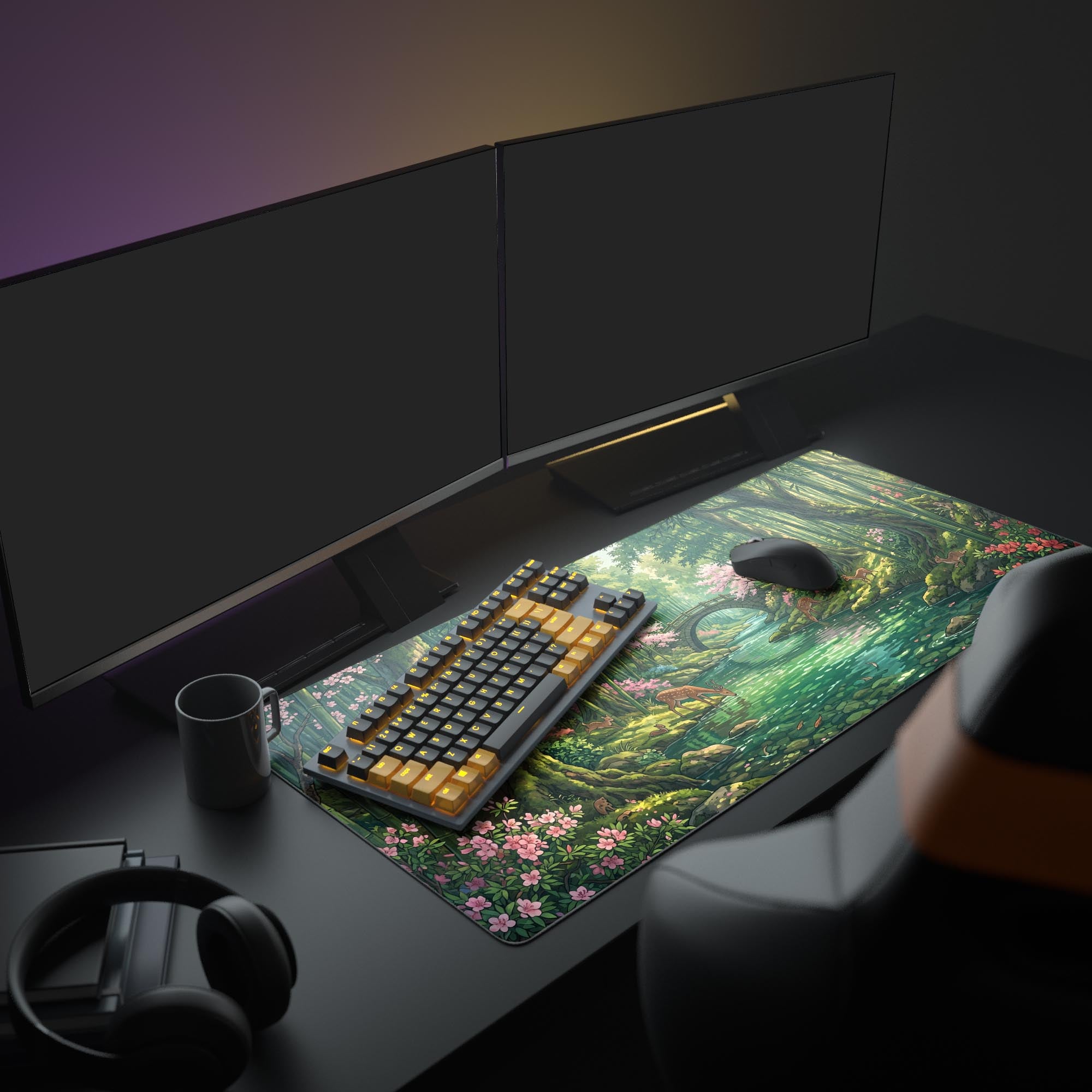 Close-up of the smooth surface of a nature-themed mouse pad with vibrant green foliage and a stone bridge.