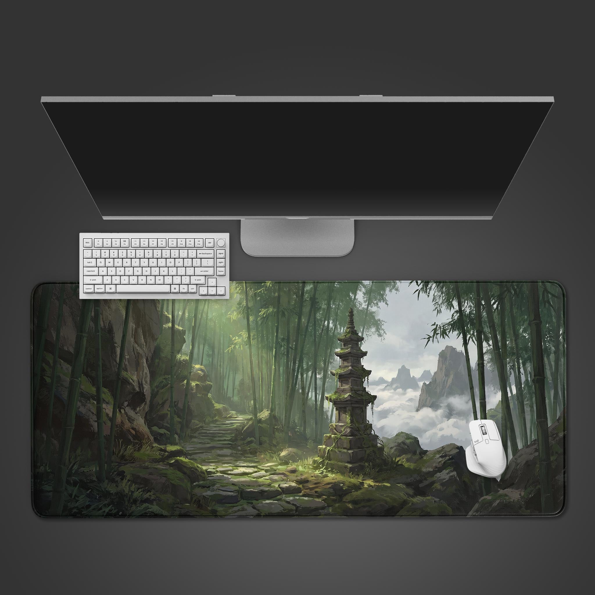 Bamboo Forest Retreat desk mat featuring a lush green bamboo grove, misty mountains, and a mossy stone pagoda