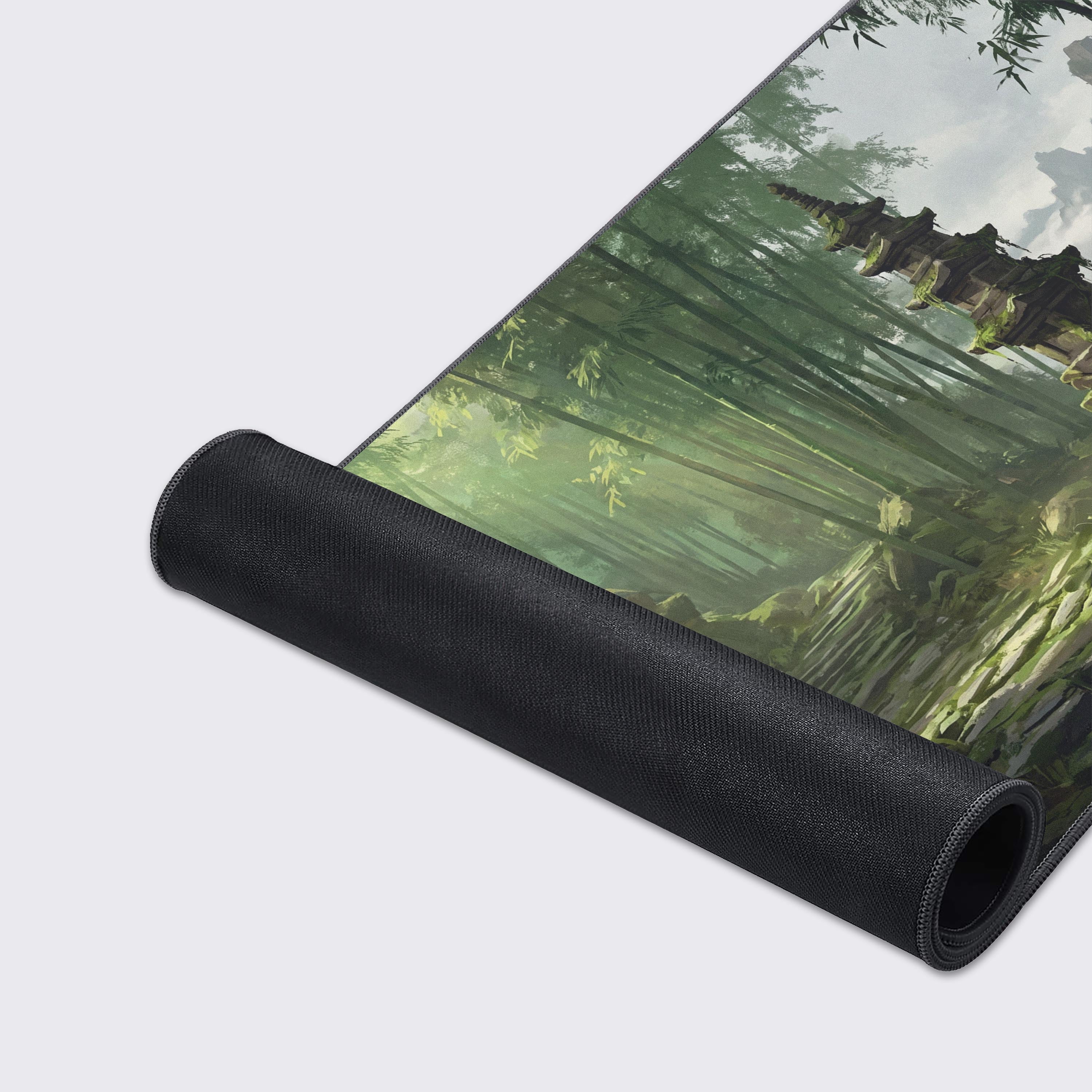 Waterproof and non-slip feature icons displayed below the misty bamboo nature XL gaming mouse pad
