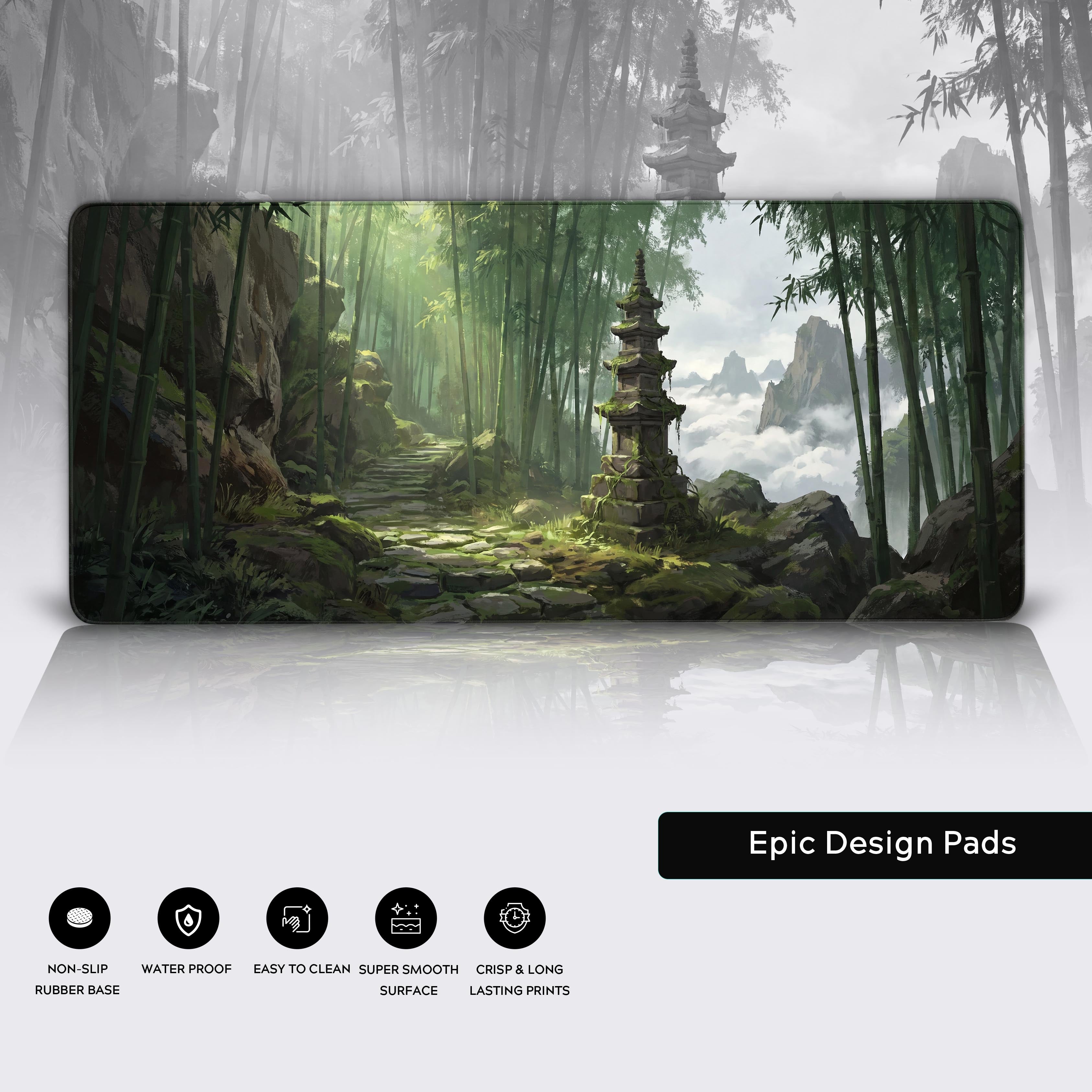 Epic Design Pads Bamboo Forest nature aesthetic desk mat shown in a tranquil, zen gaming setup