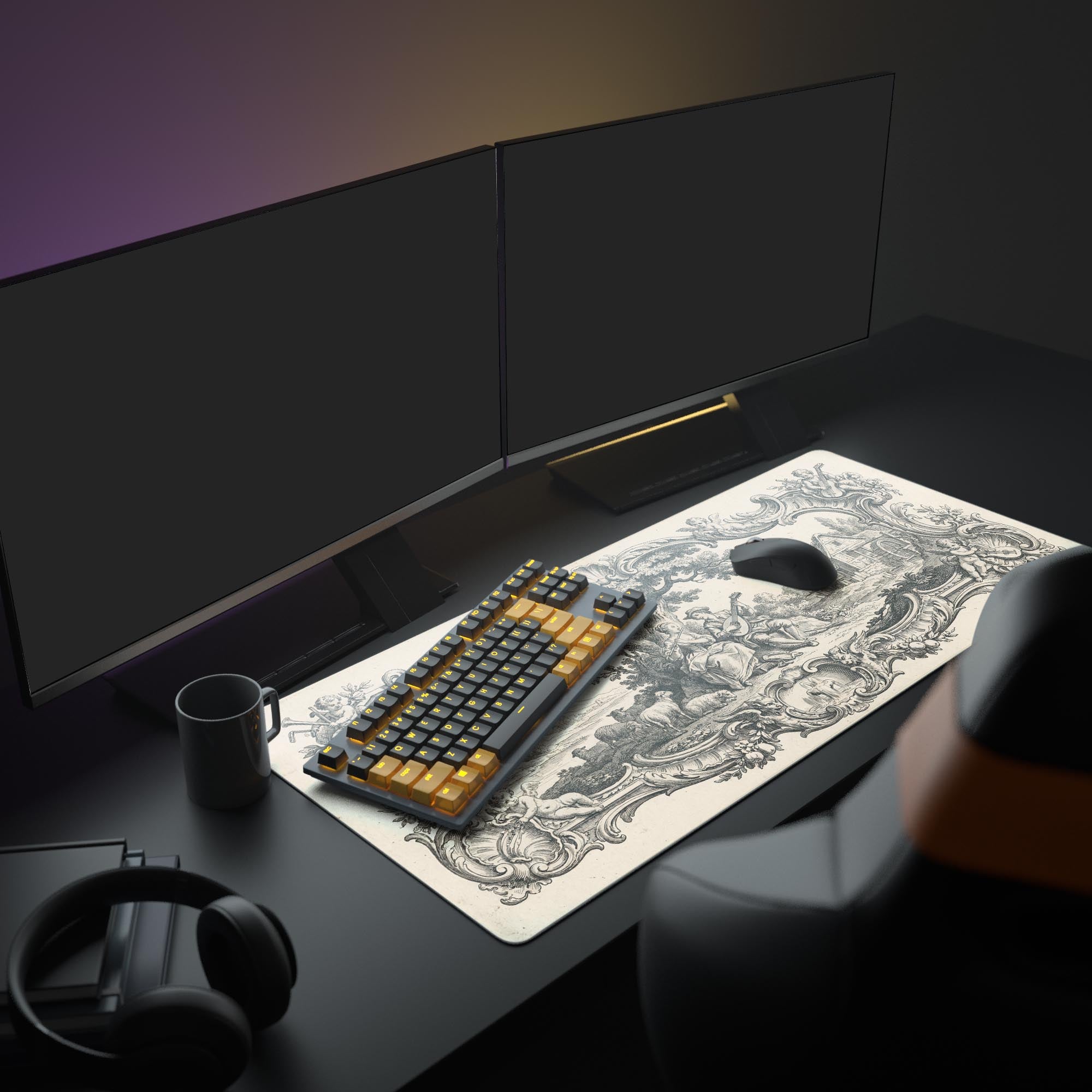 A Light Academia PC setup featuring the Baroque Garden gaming desk mat. The vintage art design complements the monitor, white keyboard, and mouse for an elegant look. - Epic Design Pads & Mousepads
