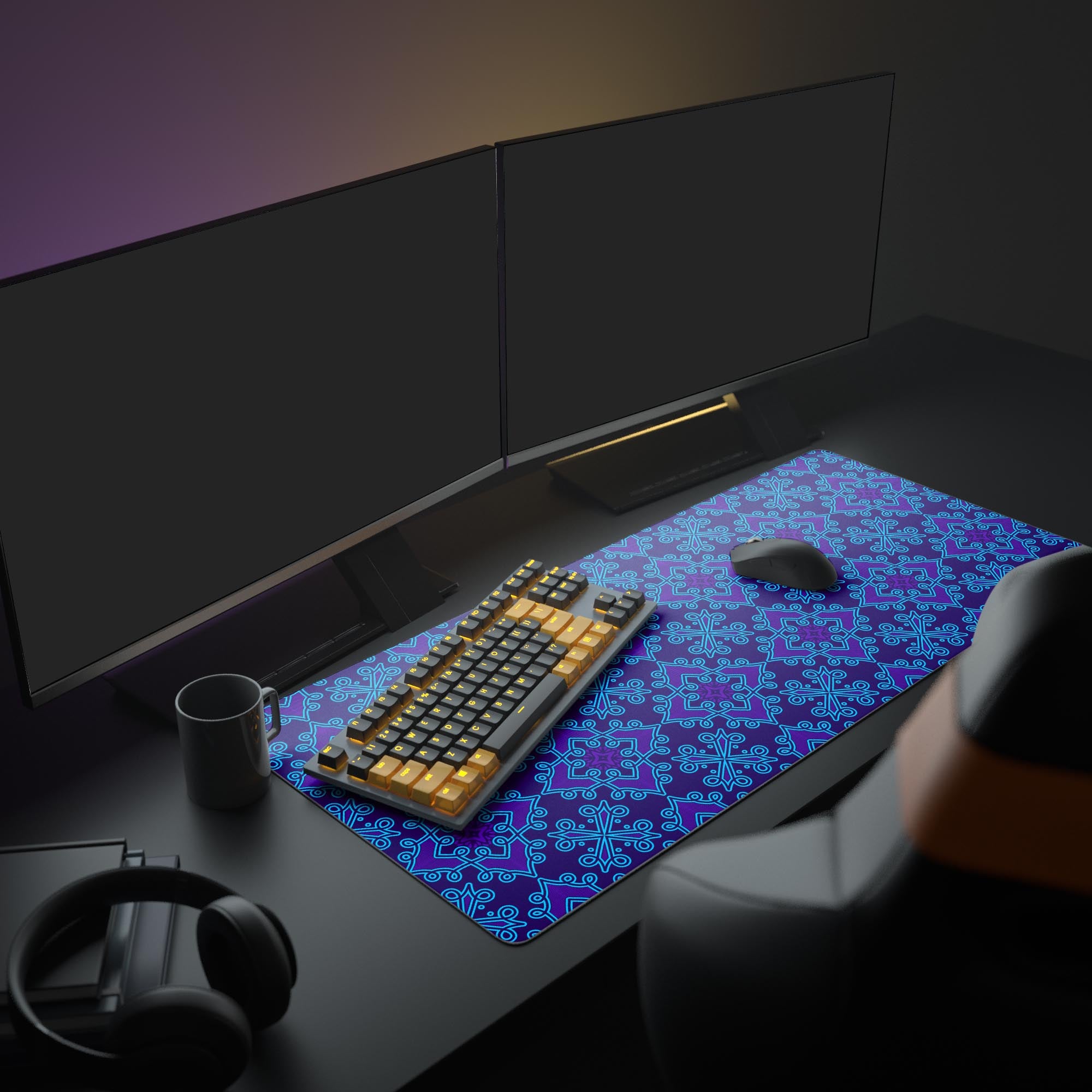 Large Batik pattern desk mat in a modern home office setup. Shown with a laptop, monitor, coffee mug, and plant, creating an artistic and stylish workspace. - Epic Design Pads & Mousepads