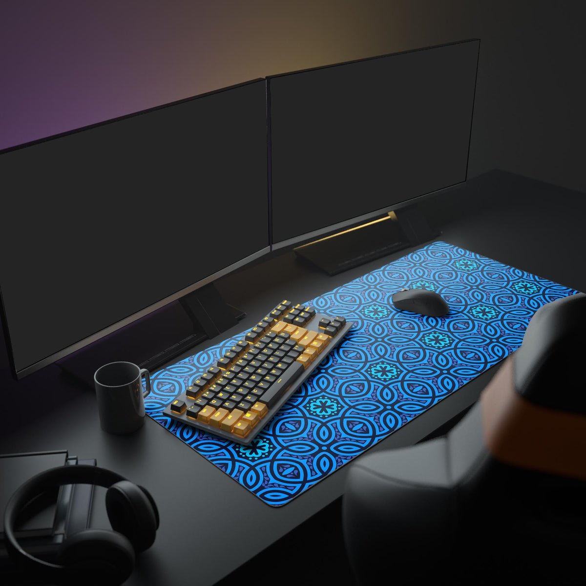 Large Batik pattern desk mat in an aesthetic office setup with dual monitors, a mechanical keyboard, and headphones. - Epic Design Pads & Mousepads