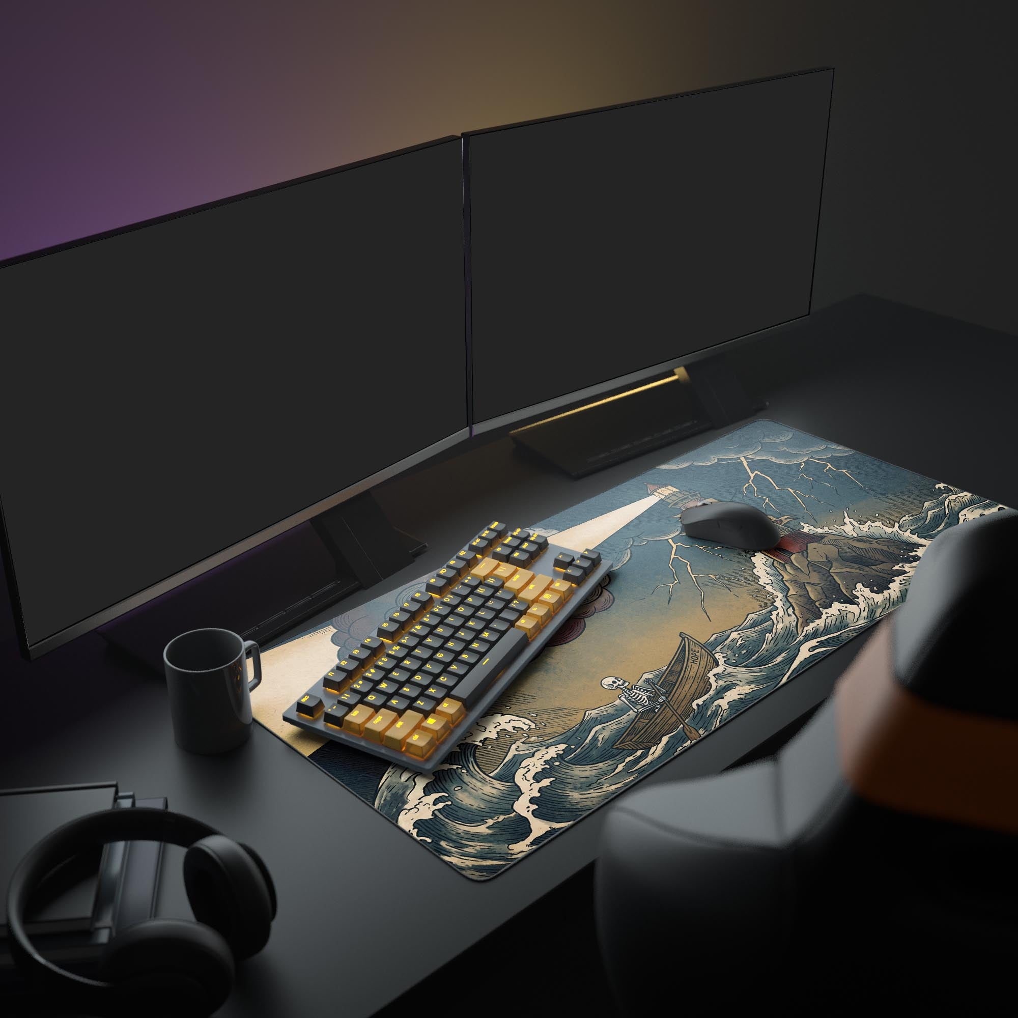A full gaming setup featuring the Beacon of Hope mouse pad, with glowing monitors and peripherals highlighting the motivational maritime artwork. - Epic Design Pads & Mousepads
