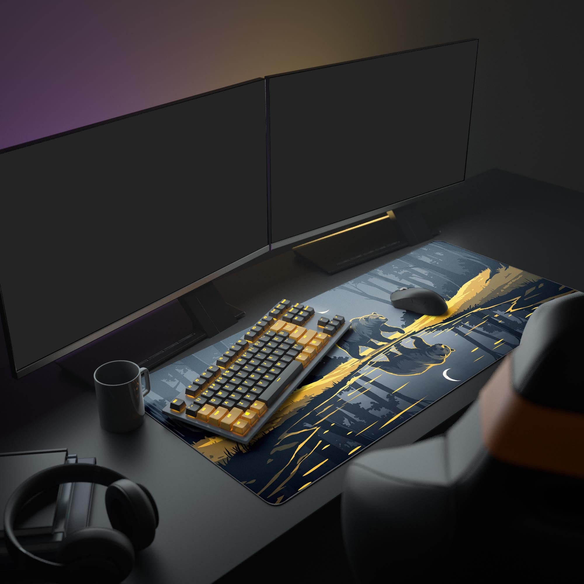 Close-up view of the golden moonlight reflecting in the water below the bear on the desk mat