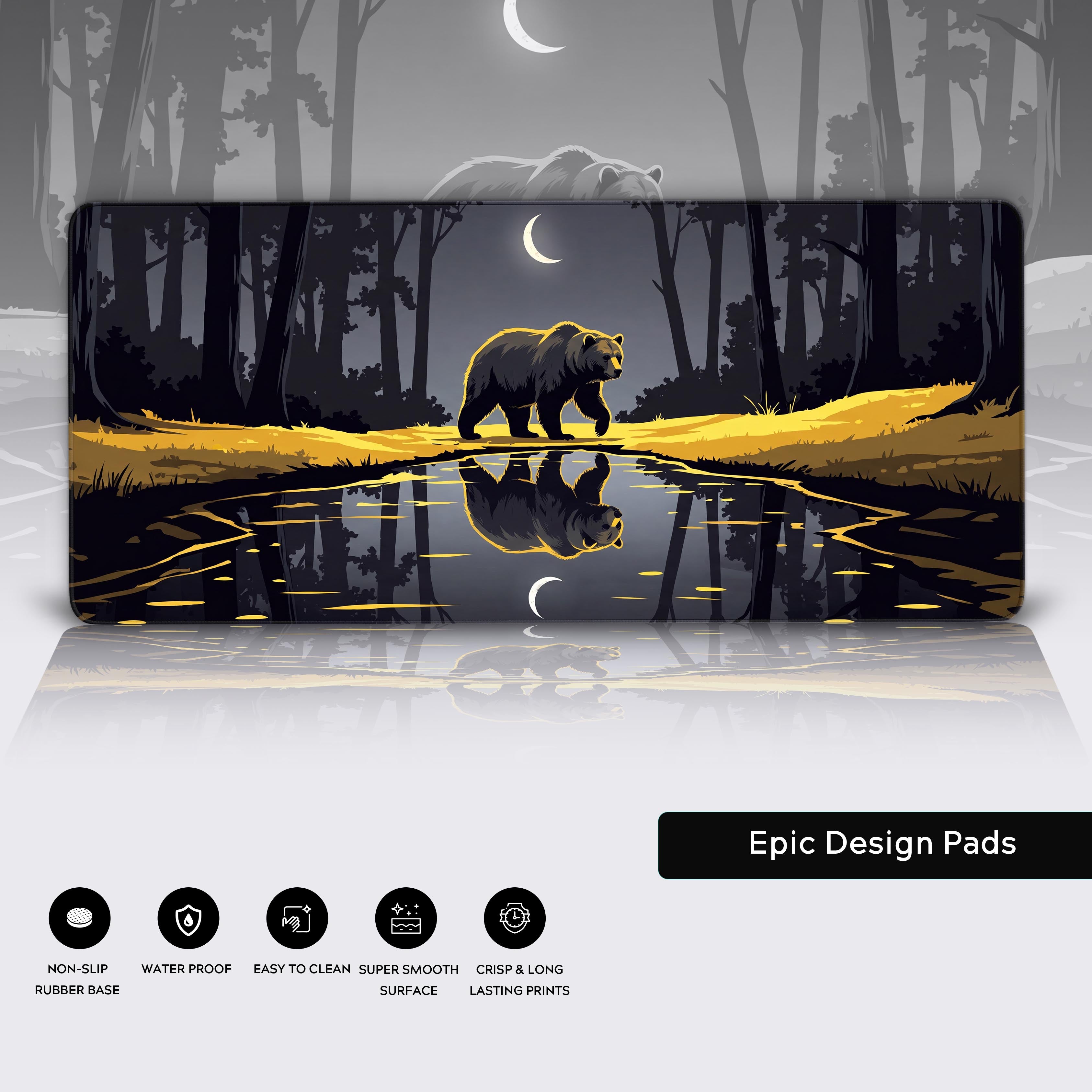 Full view of the nocturnal bear desk mat showcasing the high-contrast black and gold forest aesthetic