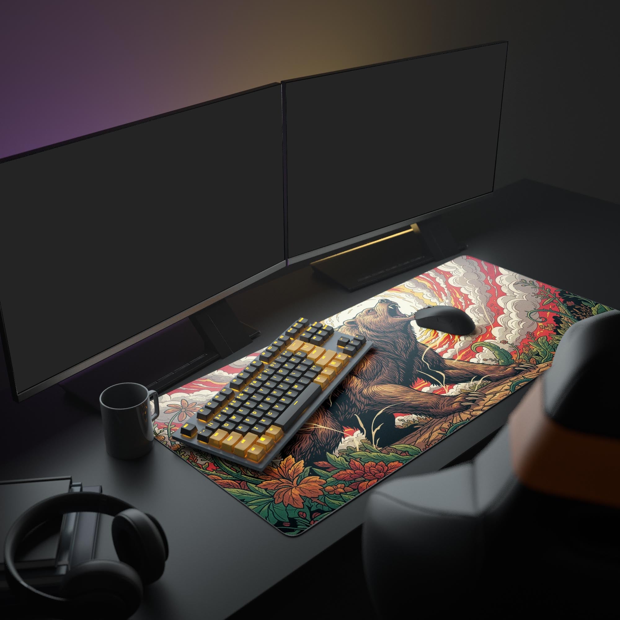 Large roaring bear gaming desk mat in a rustic workspace setup with dual monitors, headphones, and a mechanical keyboard. - Epic Design Pads & Mousepads