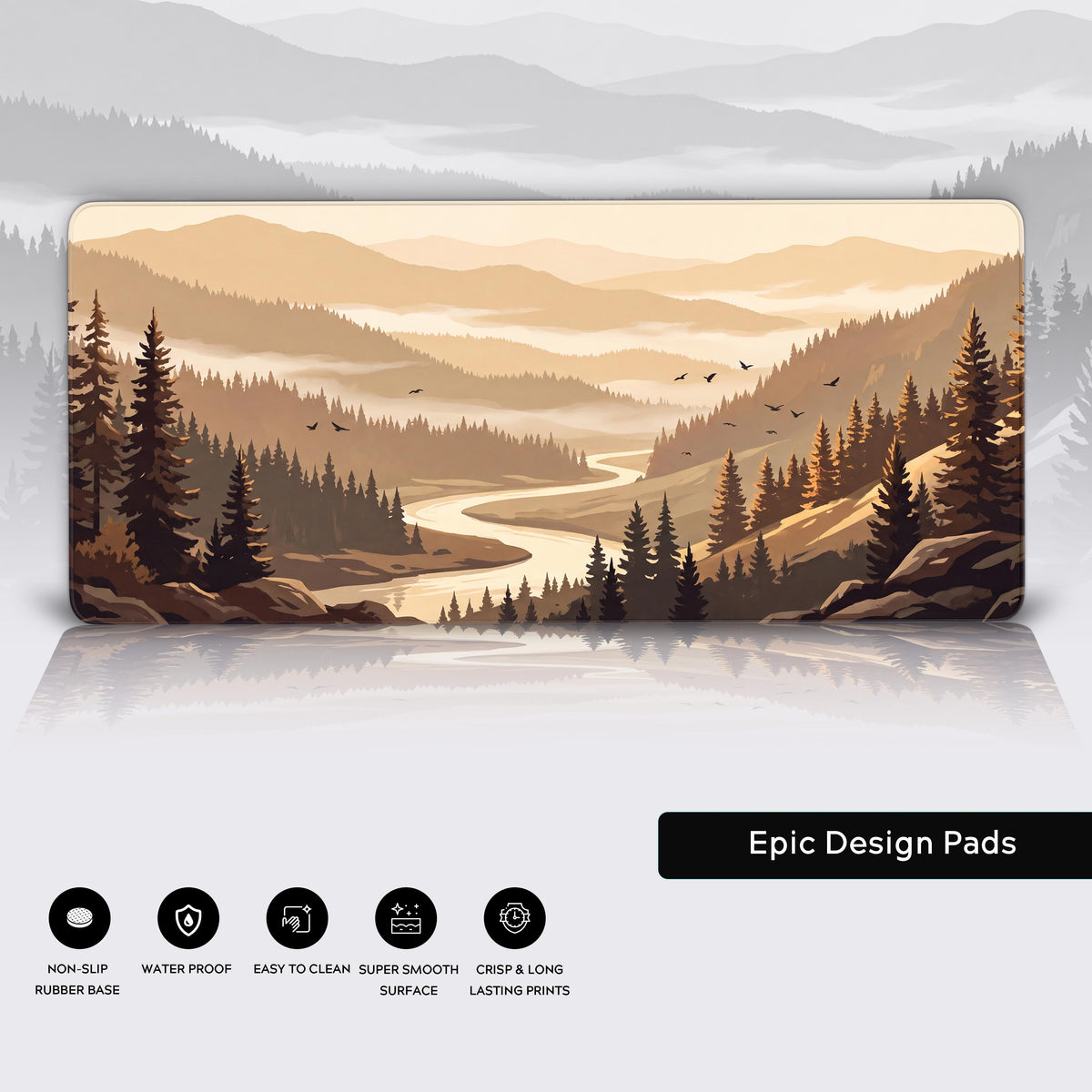 Features panel with the beige fir valley and river desk mat over misty grey mountains, with feature icons below
