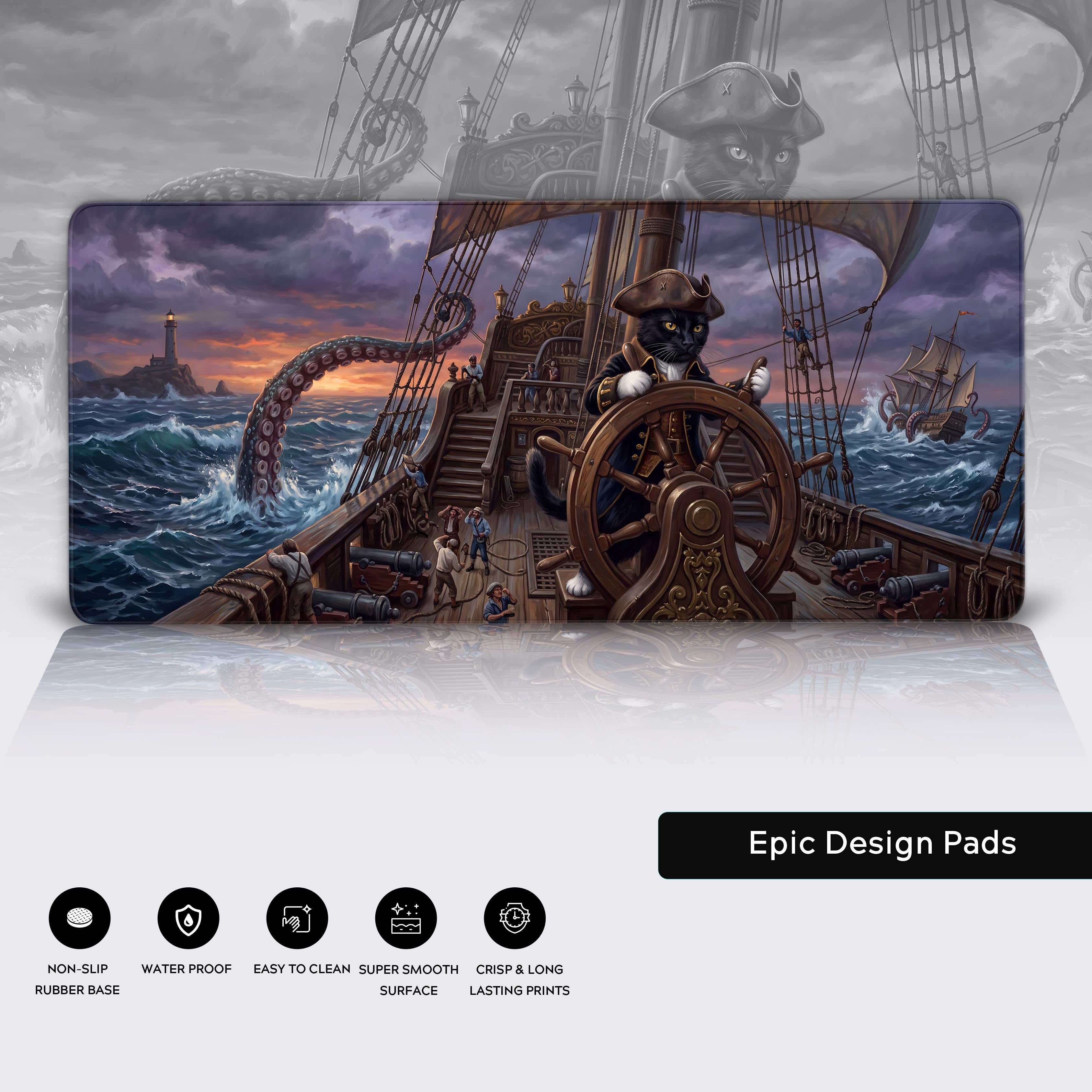 Wide view of the nautical fantasy kraken attack art on an XL mouse pad