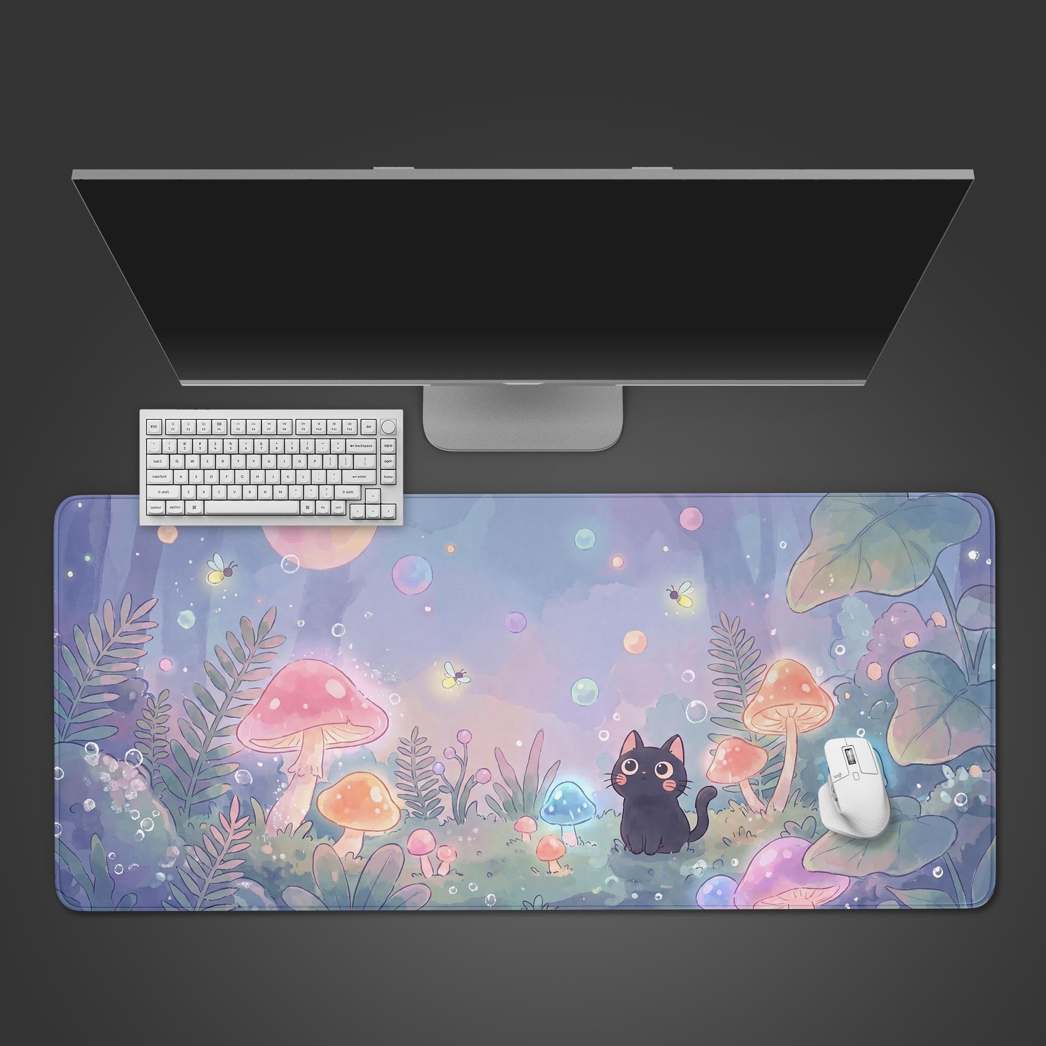 A cute black cat sitting among glowing pastel mushrooms on a whimsical desk mat.