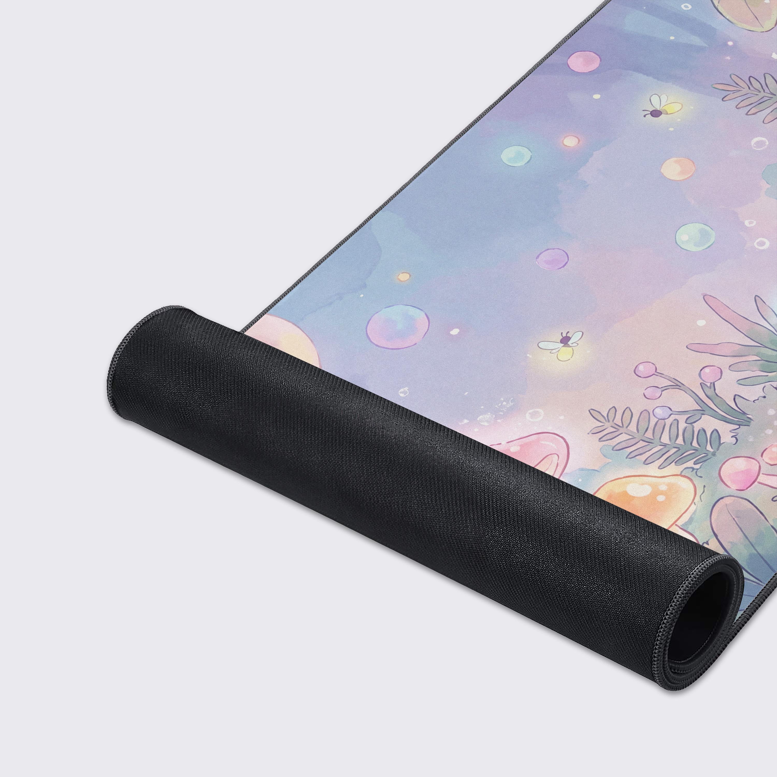 Detailed view of the non-slip rubber base on the kawaii cat desk mat.