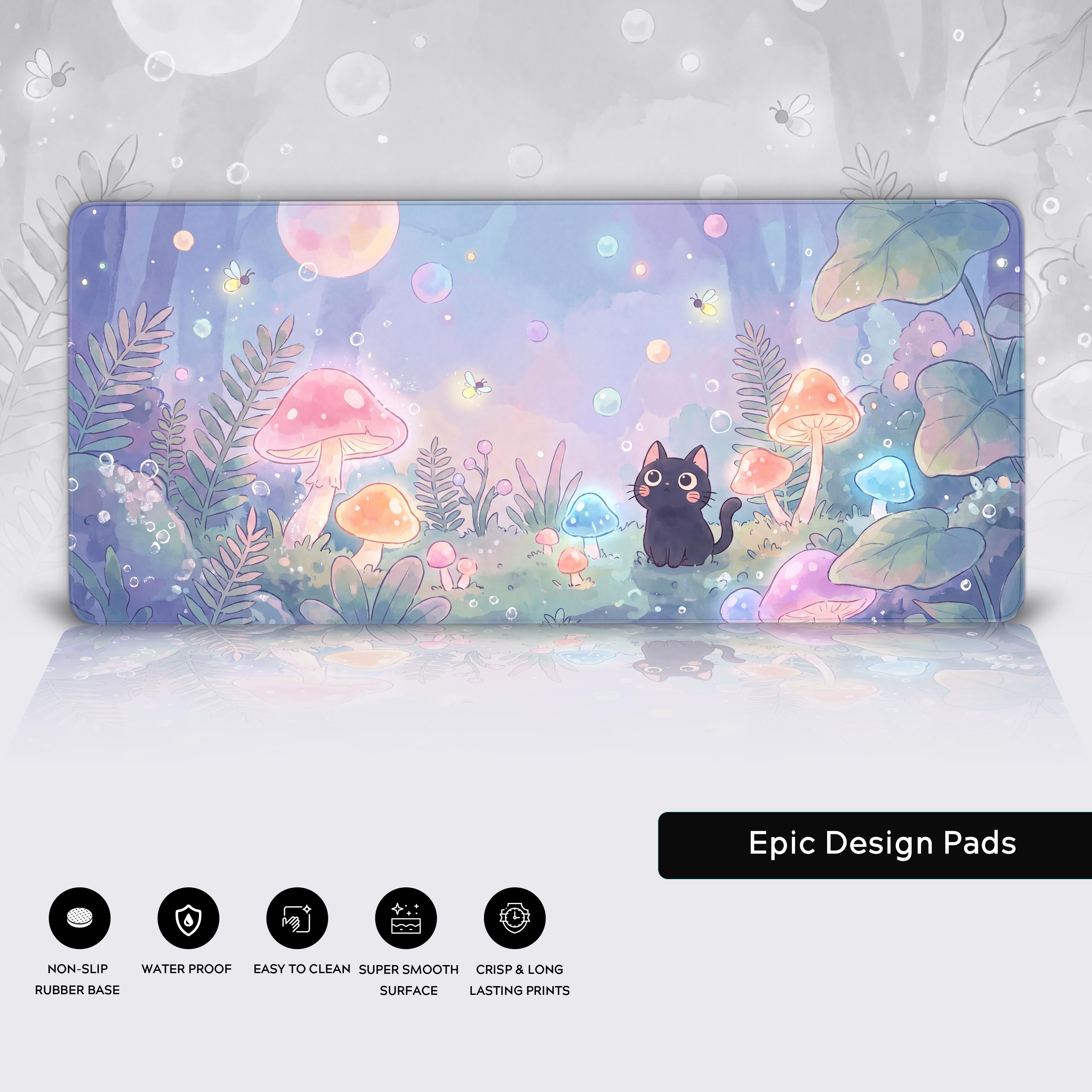 Full view of the pastel mushroom cat extended mouse pad in a dreamy aesthetic setup.