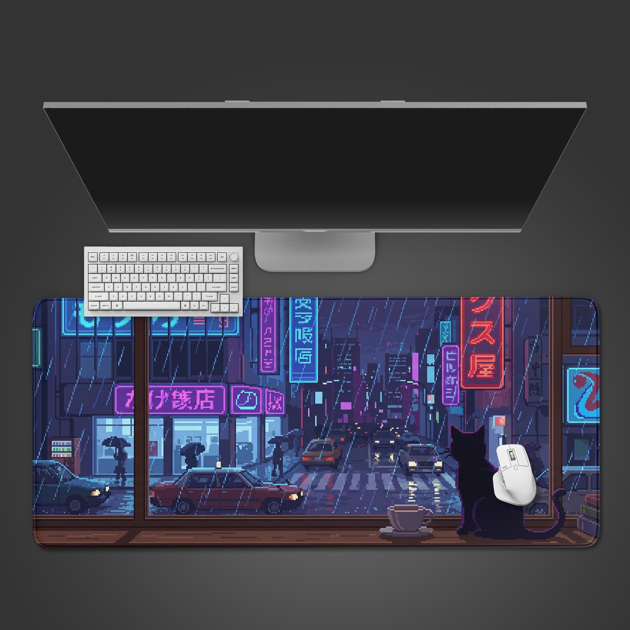 Lo-fi pixel art desk mat displaying a black cat looking out a window at a rainy neon-lit city street