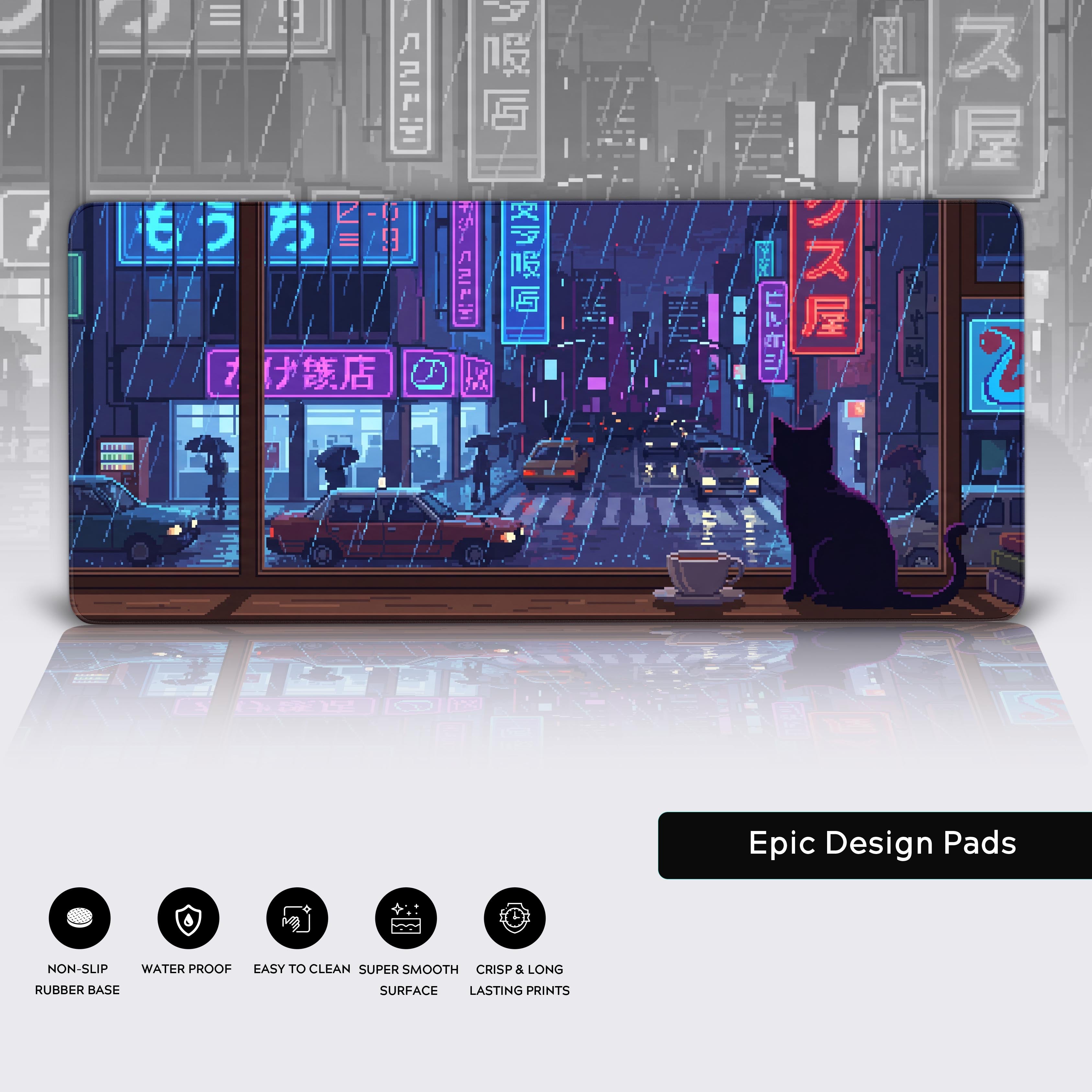 Product features graphic showing non-slip waterproof and easy to clean icons at the bottom