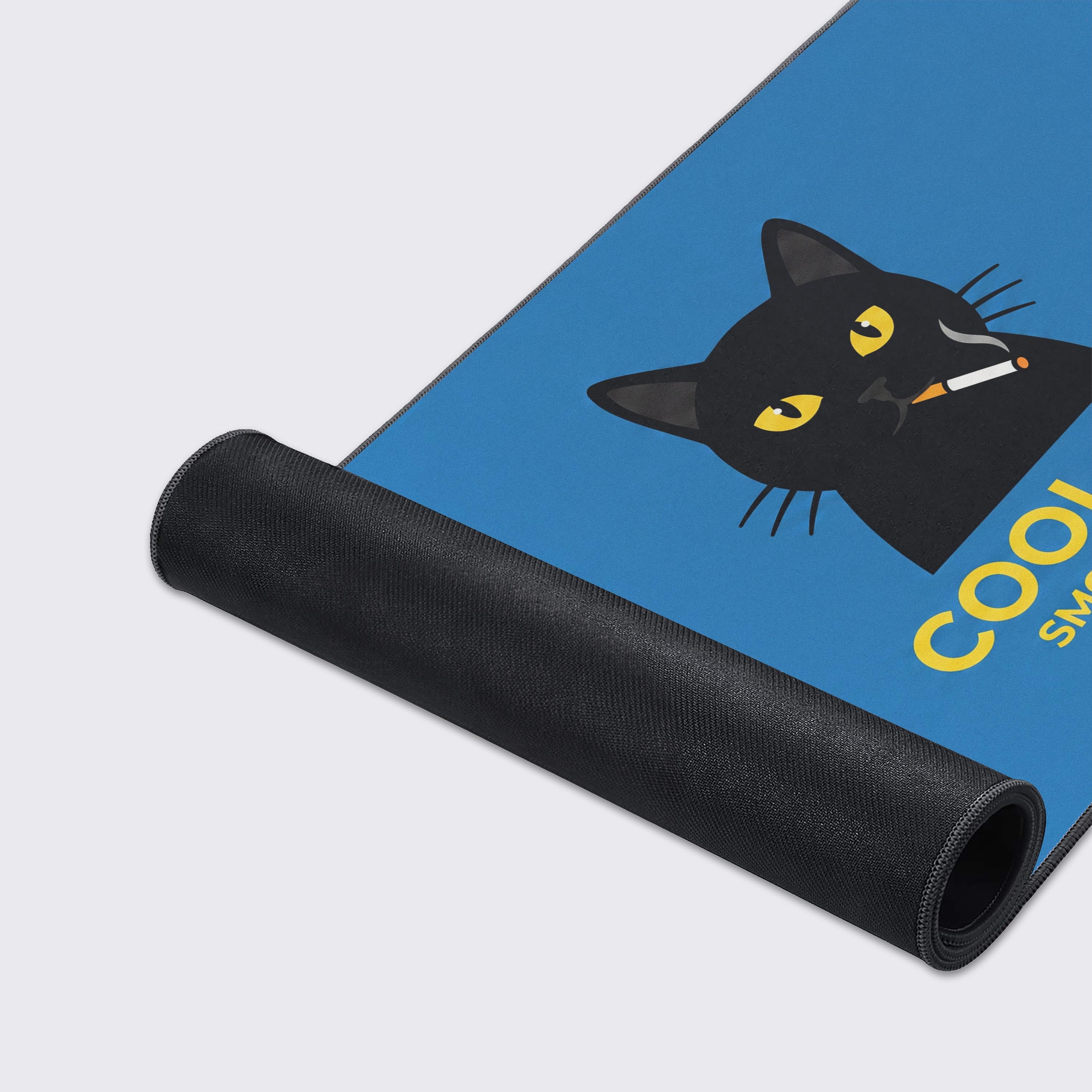 Detail view of the bold yellow Cool Cat Smoke Break typography with two small paw print icons.