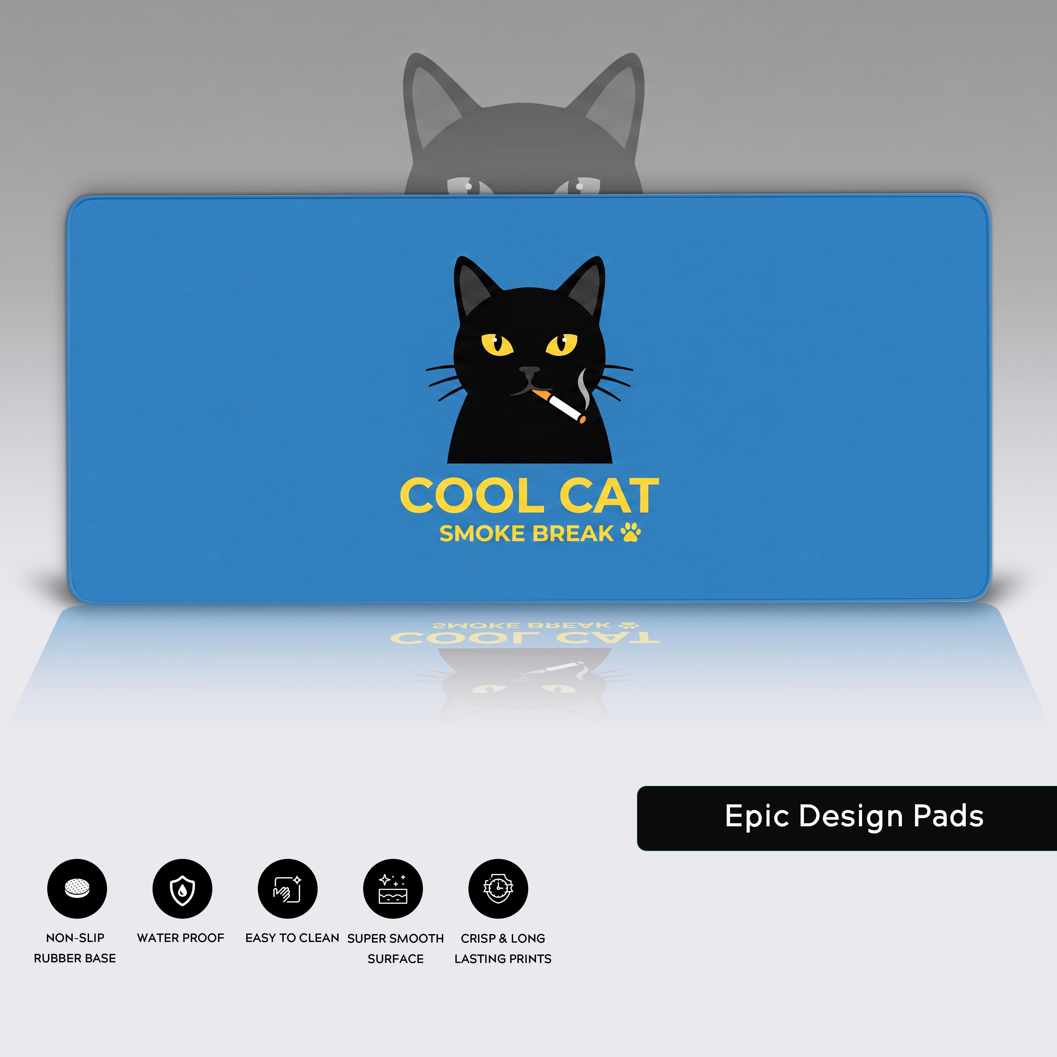 Full view of the humorous cat desk mat showcasing the clean blue aesthetic and centered layout.