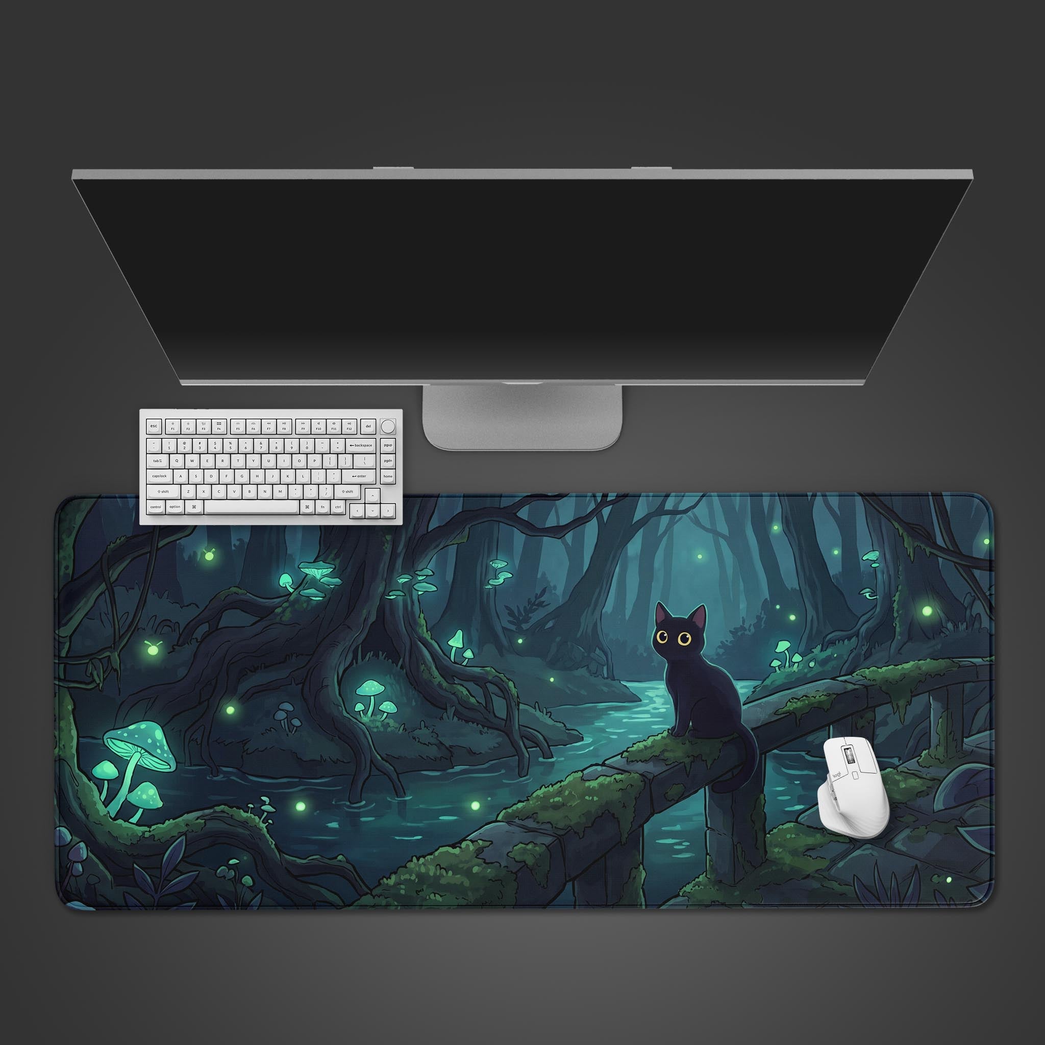 A desk mat featuring a black cat with large yellow eyes sitting on a mossy bridge in an enchanted forest.