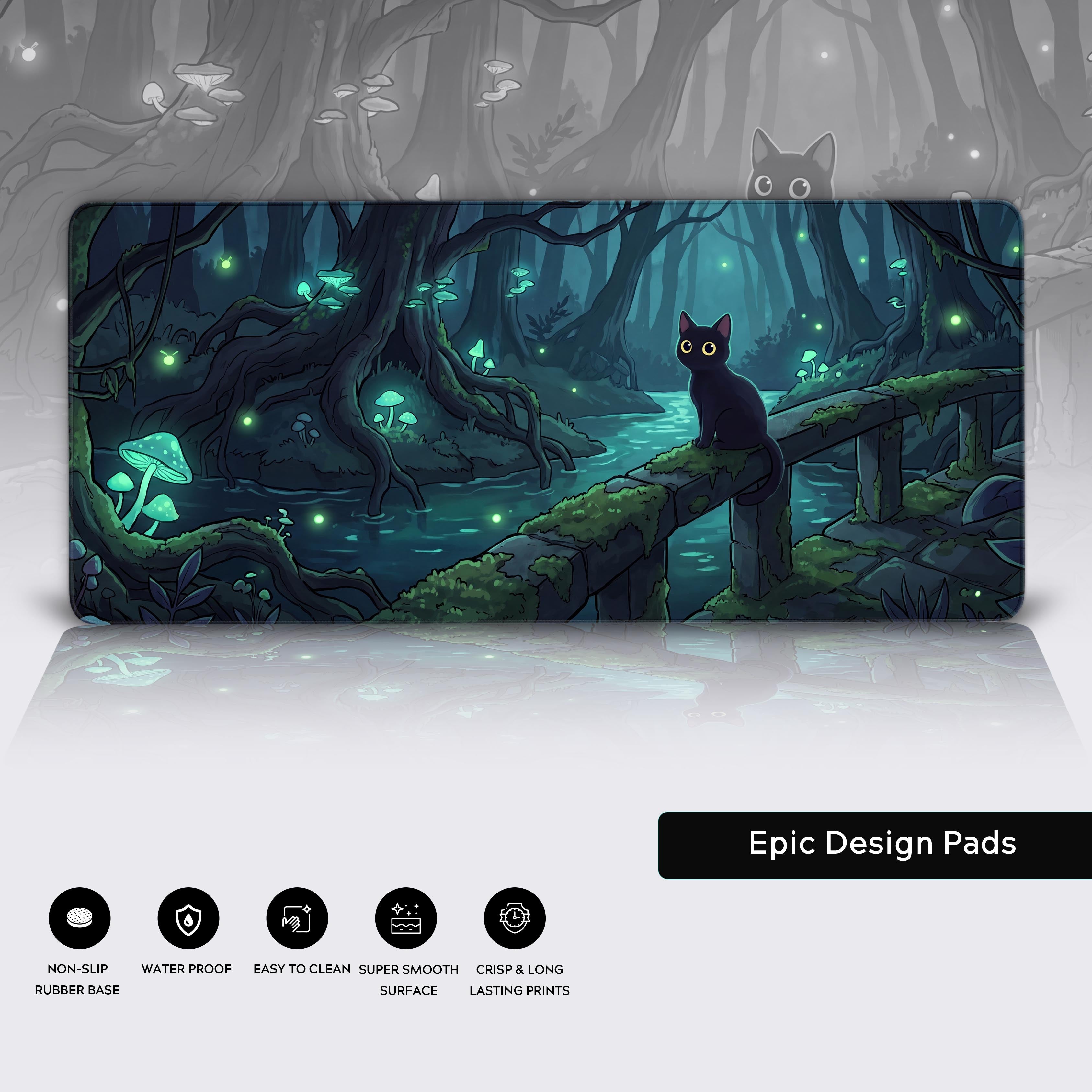 Full view of the enchanted forest black cat desk mat highlighting its moody fantasy aesthetic and cozy woodland environment.