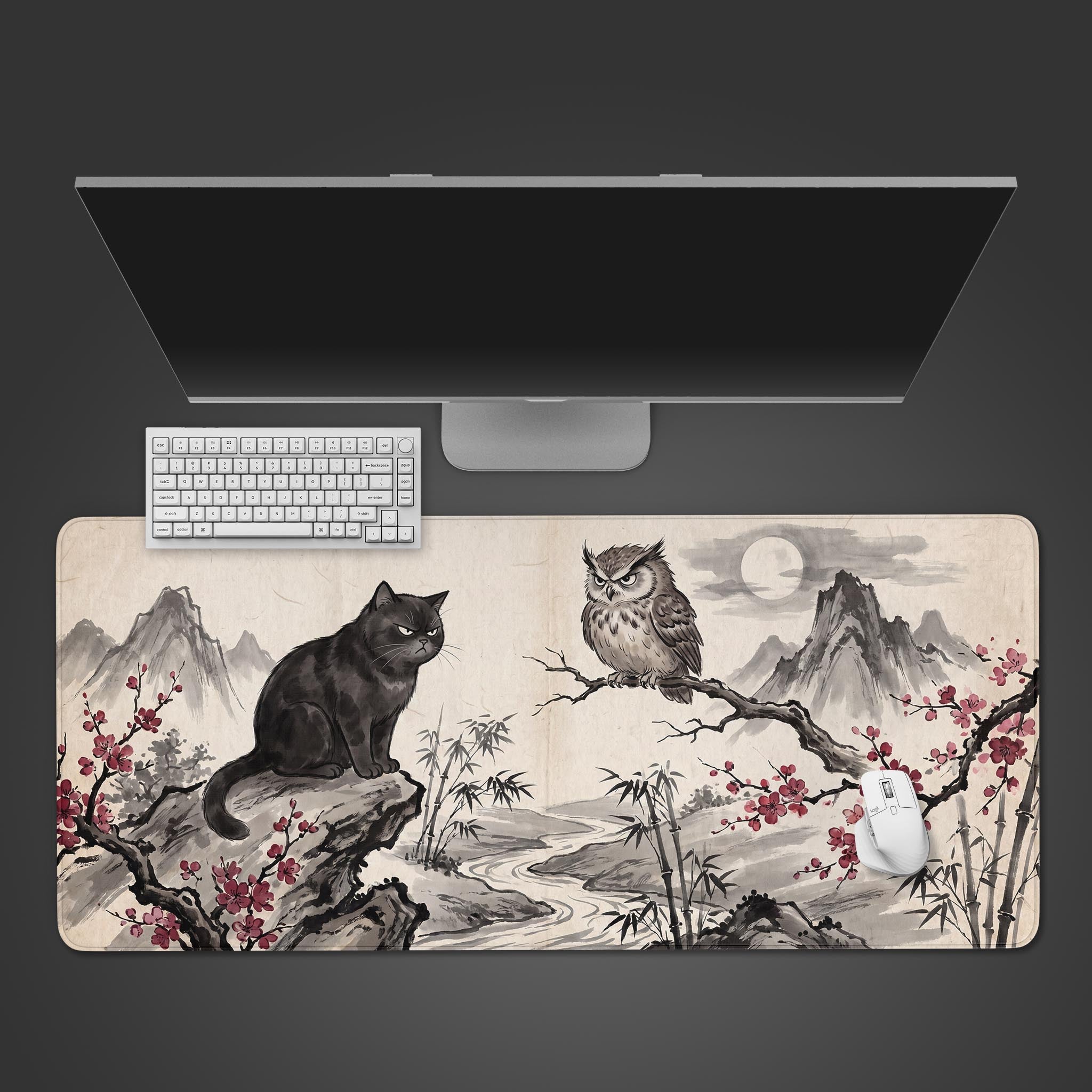 Traditional ink wash desk mat featuring a black cat and an owl perched near blossoms
