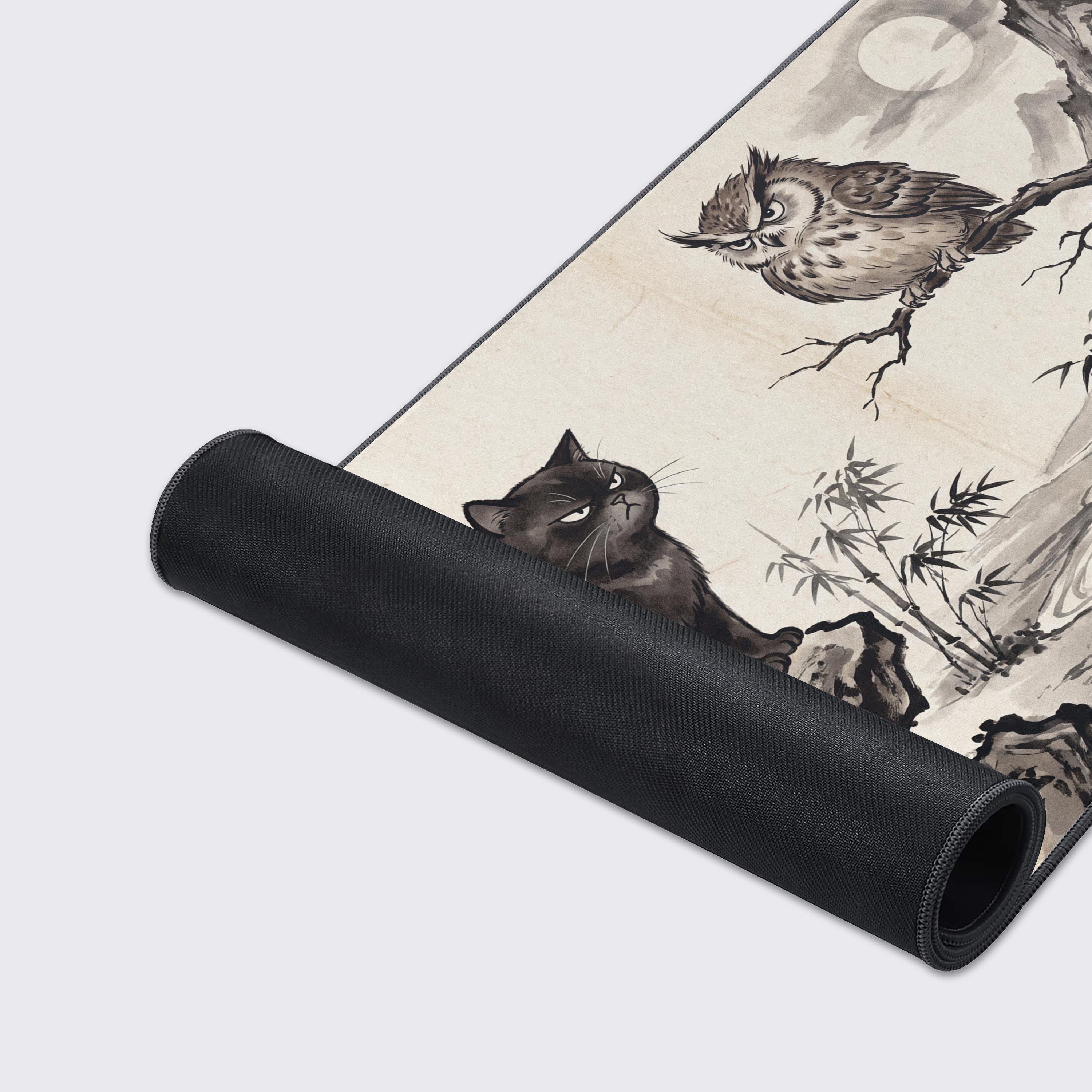 Full view of the aesthetic gaming mouse pad showcasing mist-covered mountains and a winding river