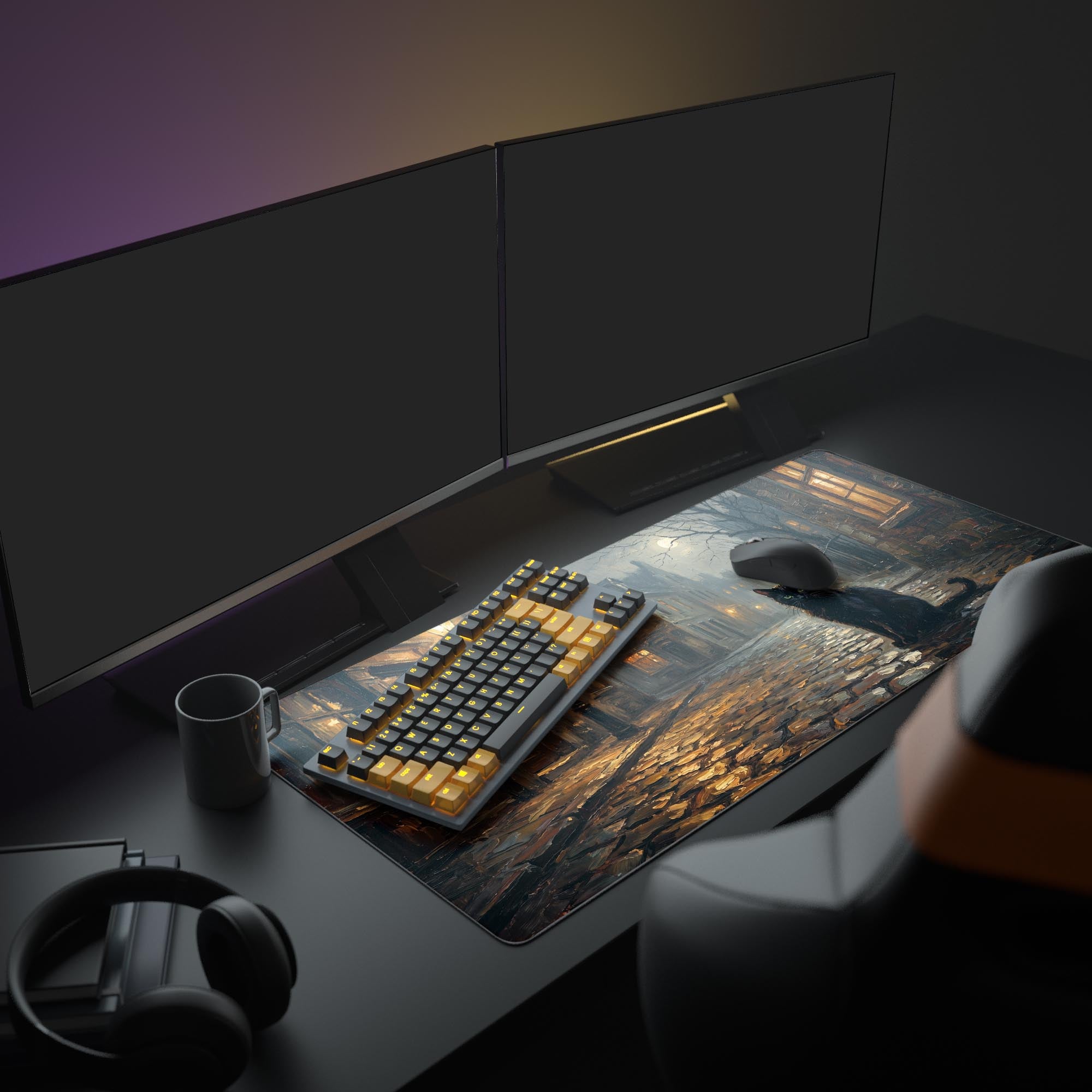 Close up of the oil painting style alleyway and black cat on the mouse pad