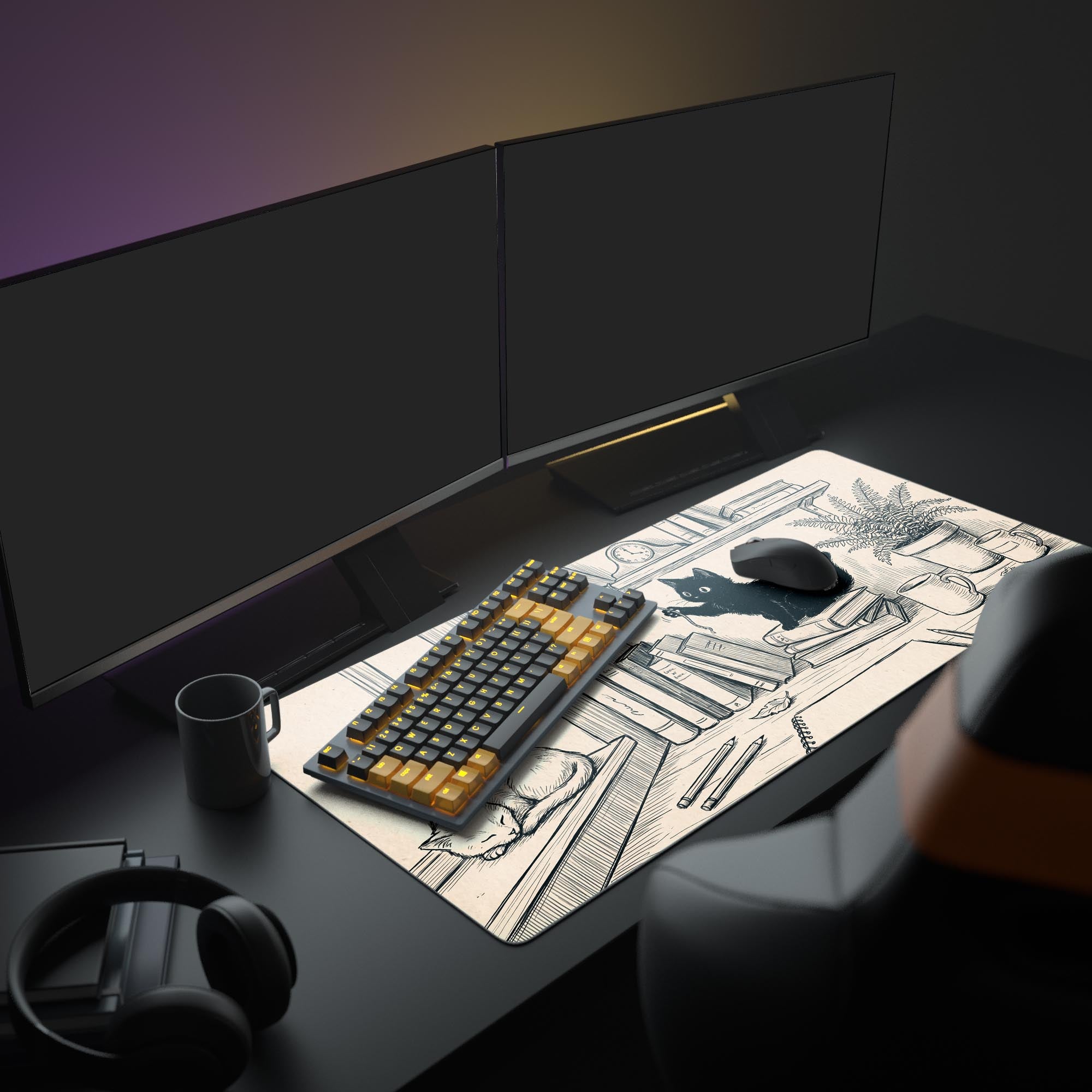 Close-up of the smooth desk mat surface showing detailed sketch art of a cat playing with string.