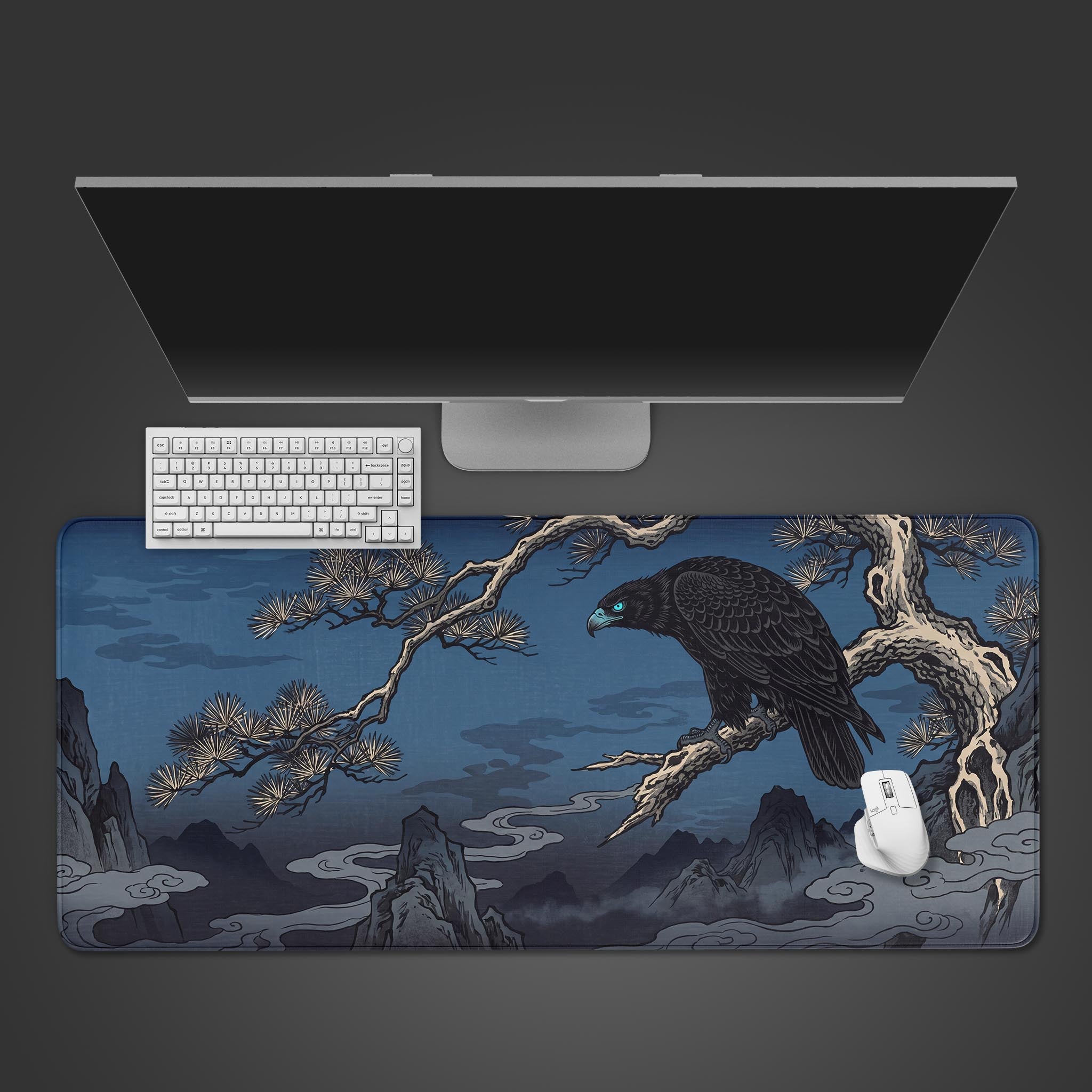 Midnight Eagle desk mat featuring traditional ink wash artwork of a bird of prey