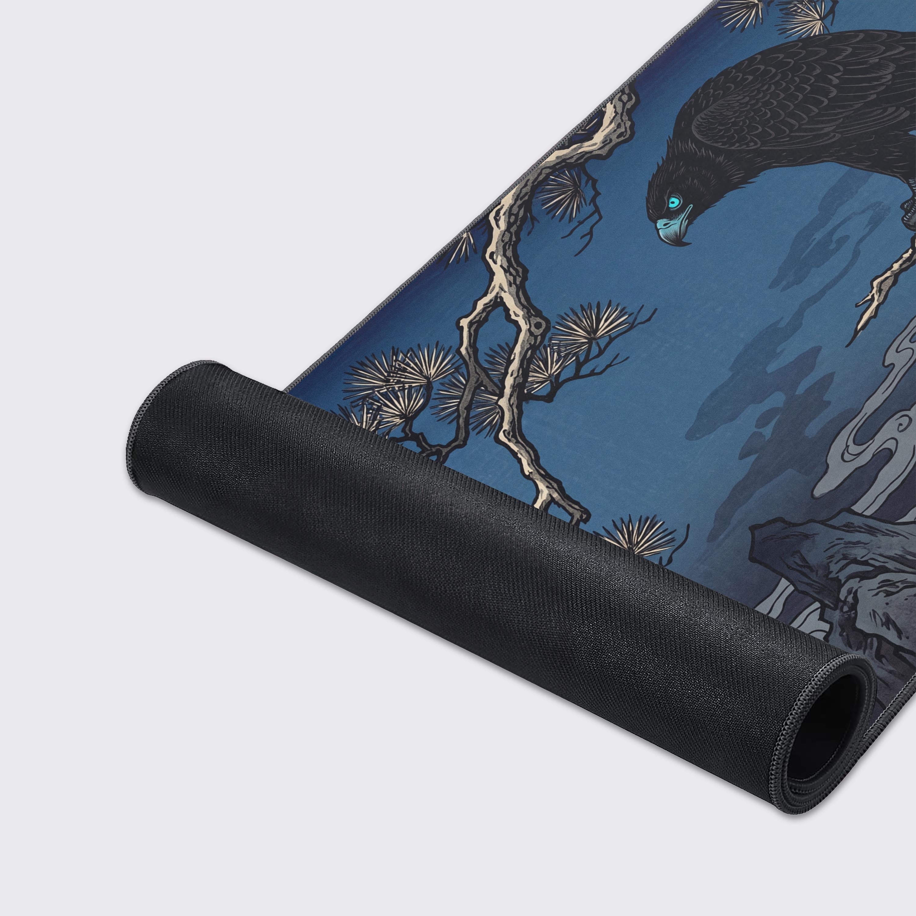 Extended XL mouse pad displaying a serene misty mountain background in deep blue