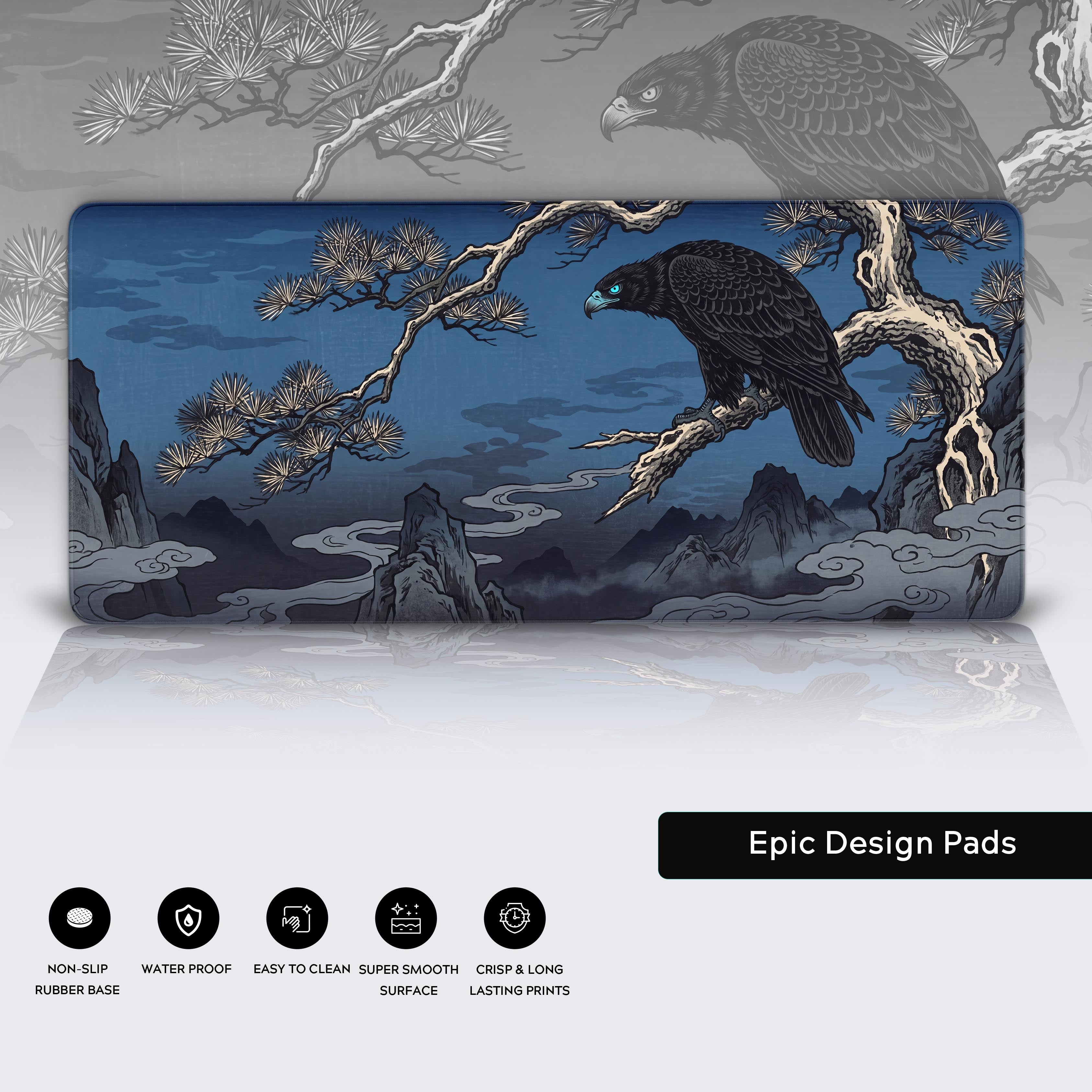 Product features for the Midnight Eagle desk mat showing waterproof and non-slip icons