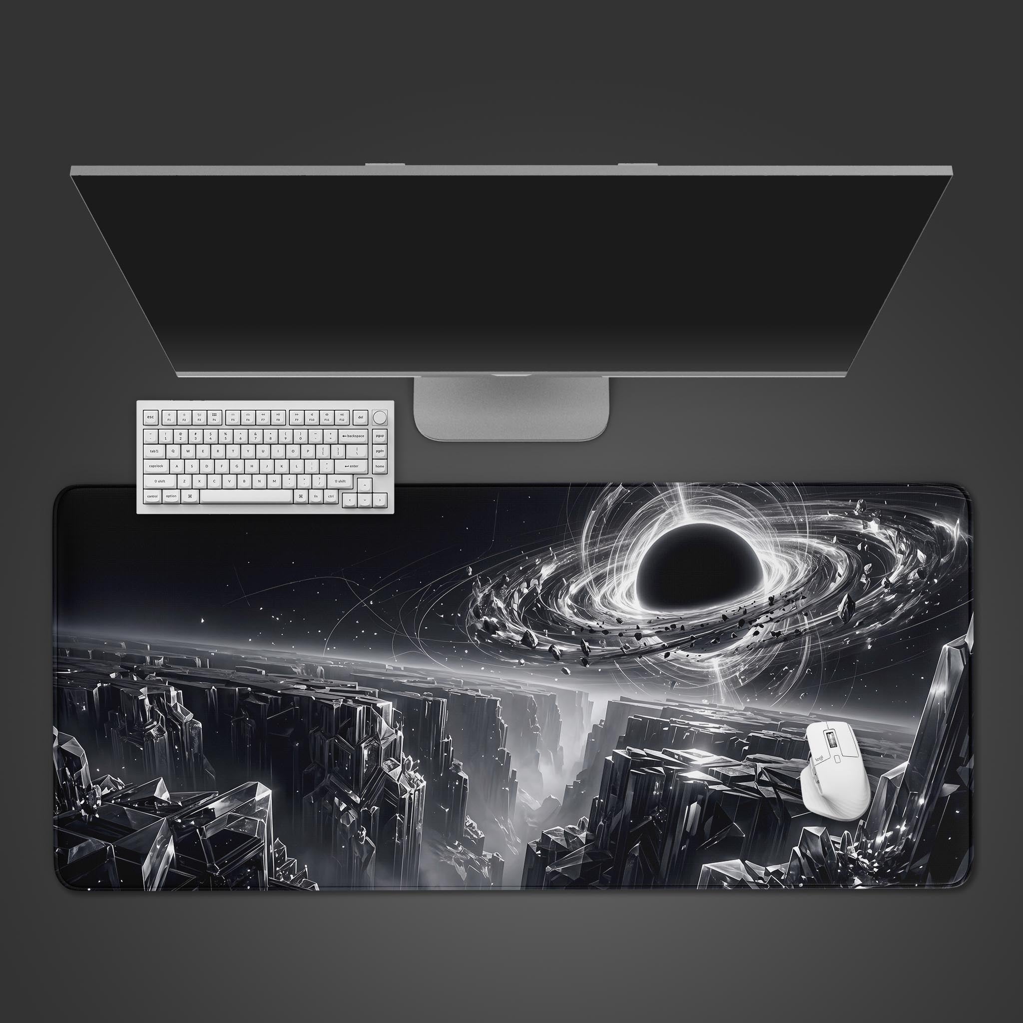 Obsidian Singularity black hole desk mat showcasing a dark crystalline alien landscape