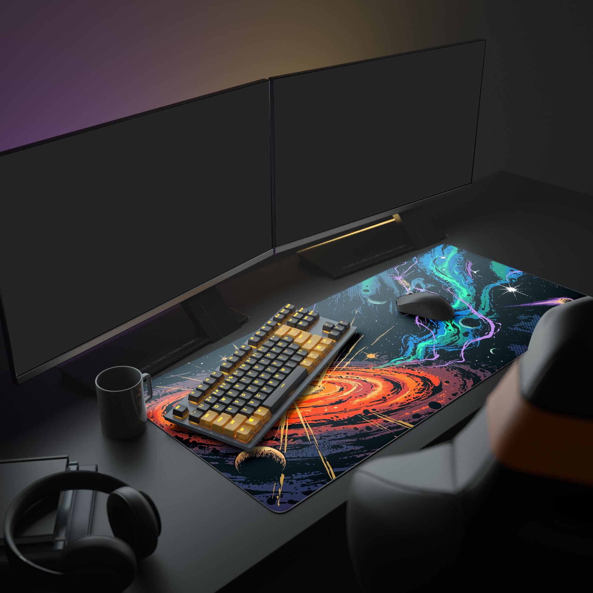 Close up of the halftone comic style galaxy print on the gaming mouse pad