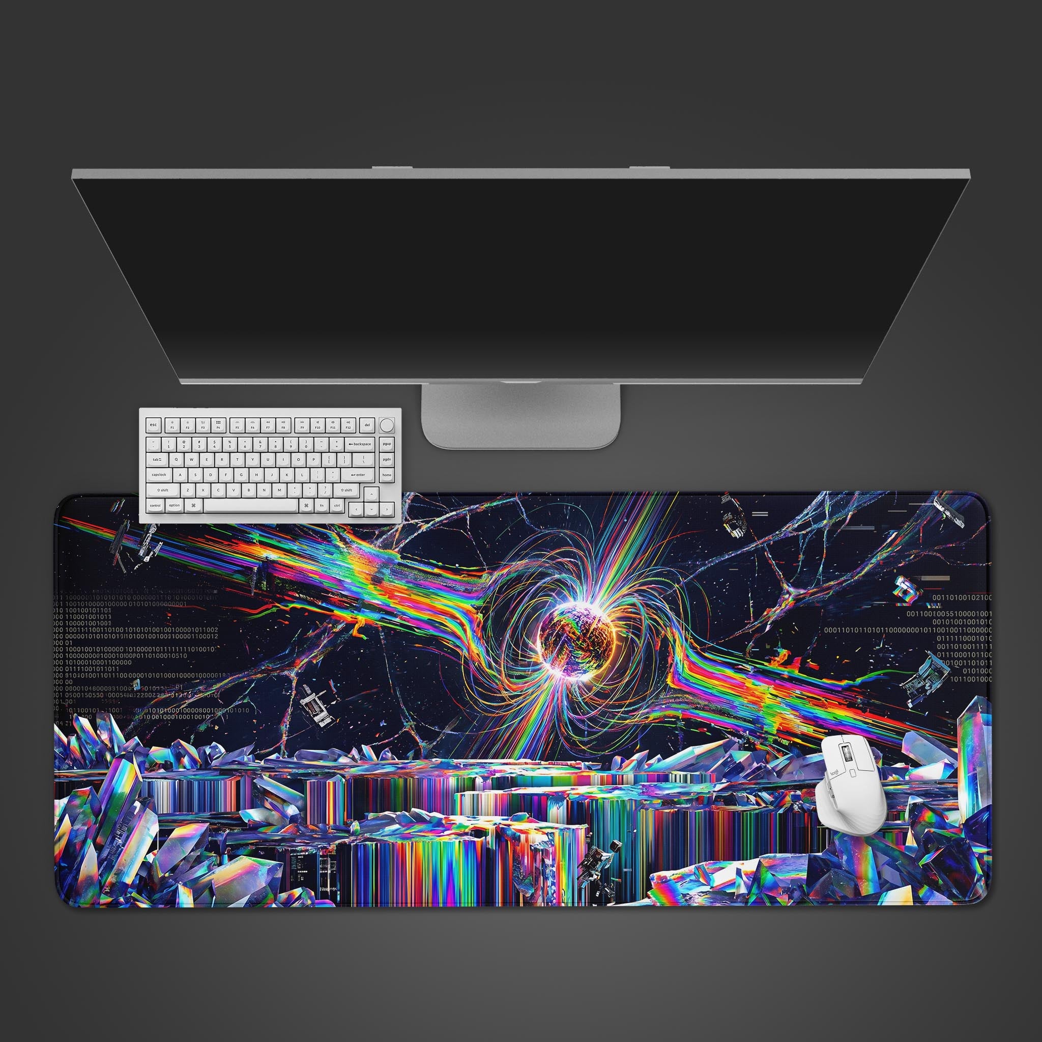 Psychedelic black hole radiating chromatic energy beams over an abstract digital landscape