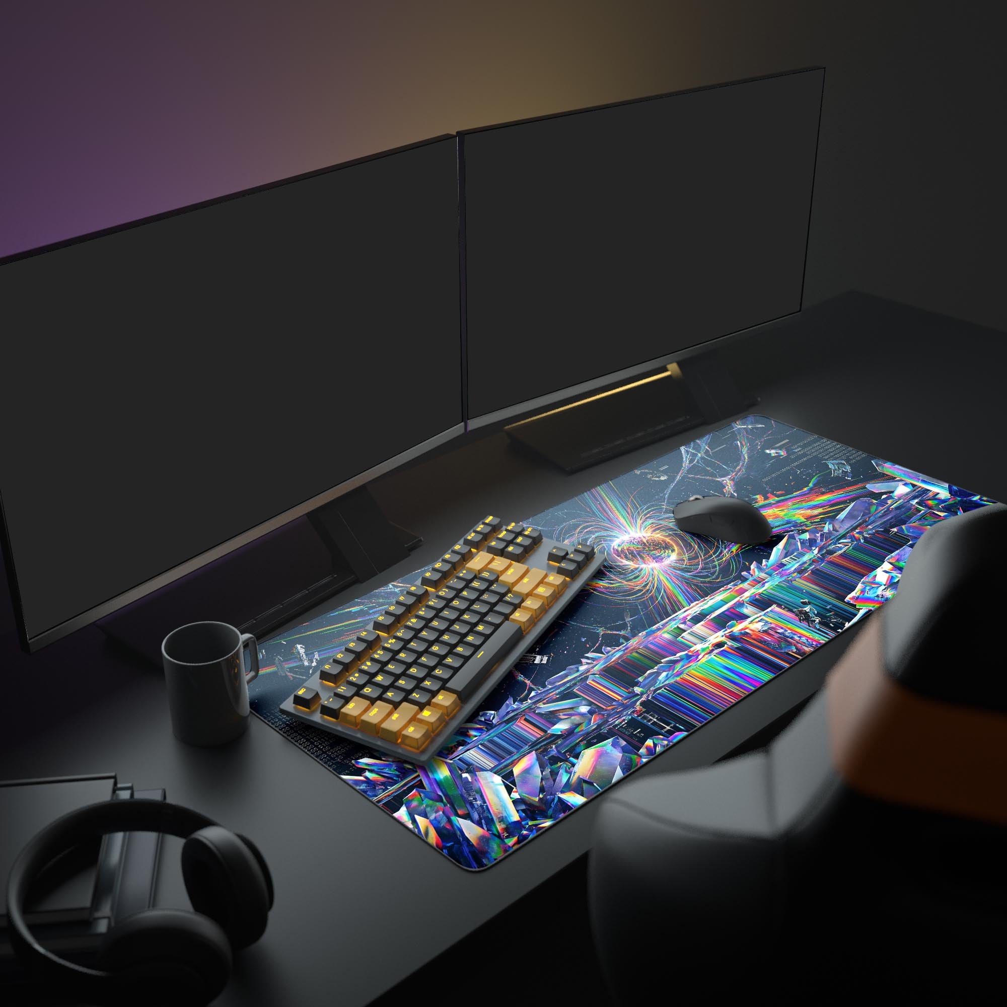 Vibrant glitch art sci-fi desk mat showcasing a neon crystal terrain and binary code