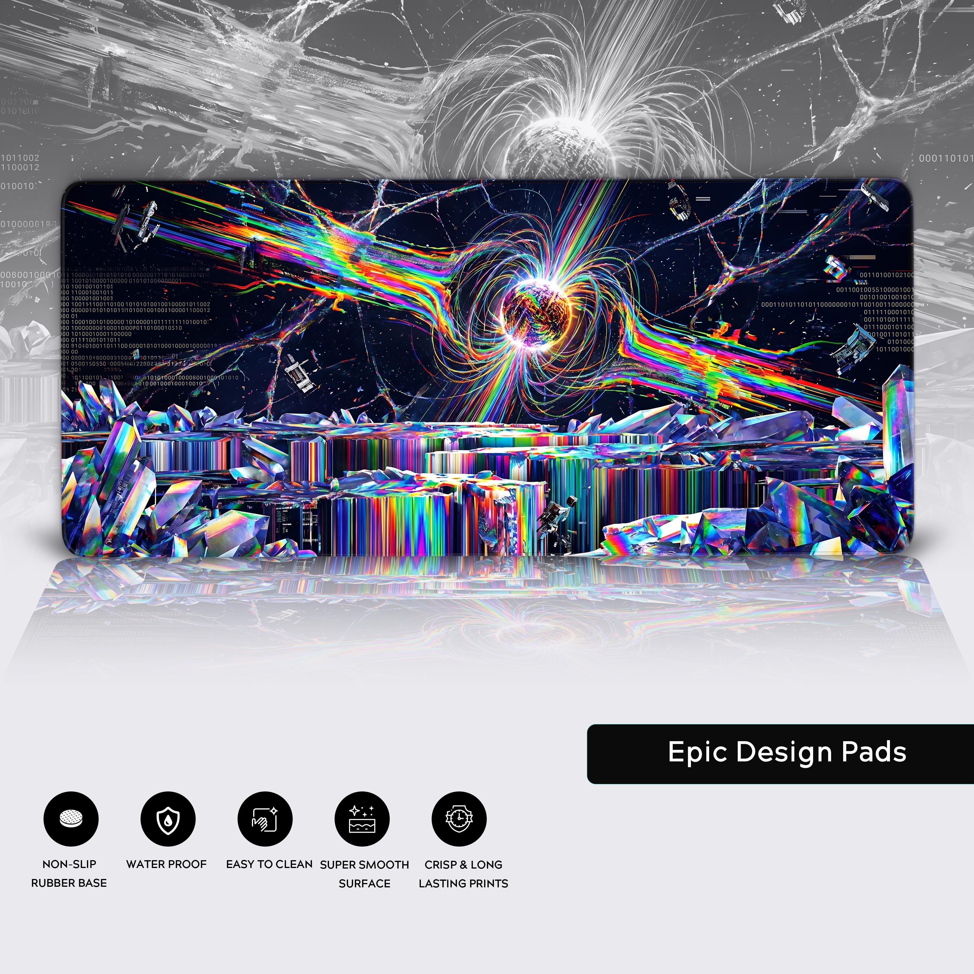 Detailed view highlighting the crisp print quality and non-slip rubber base of the cosmic desk mat