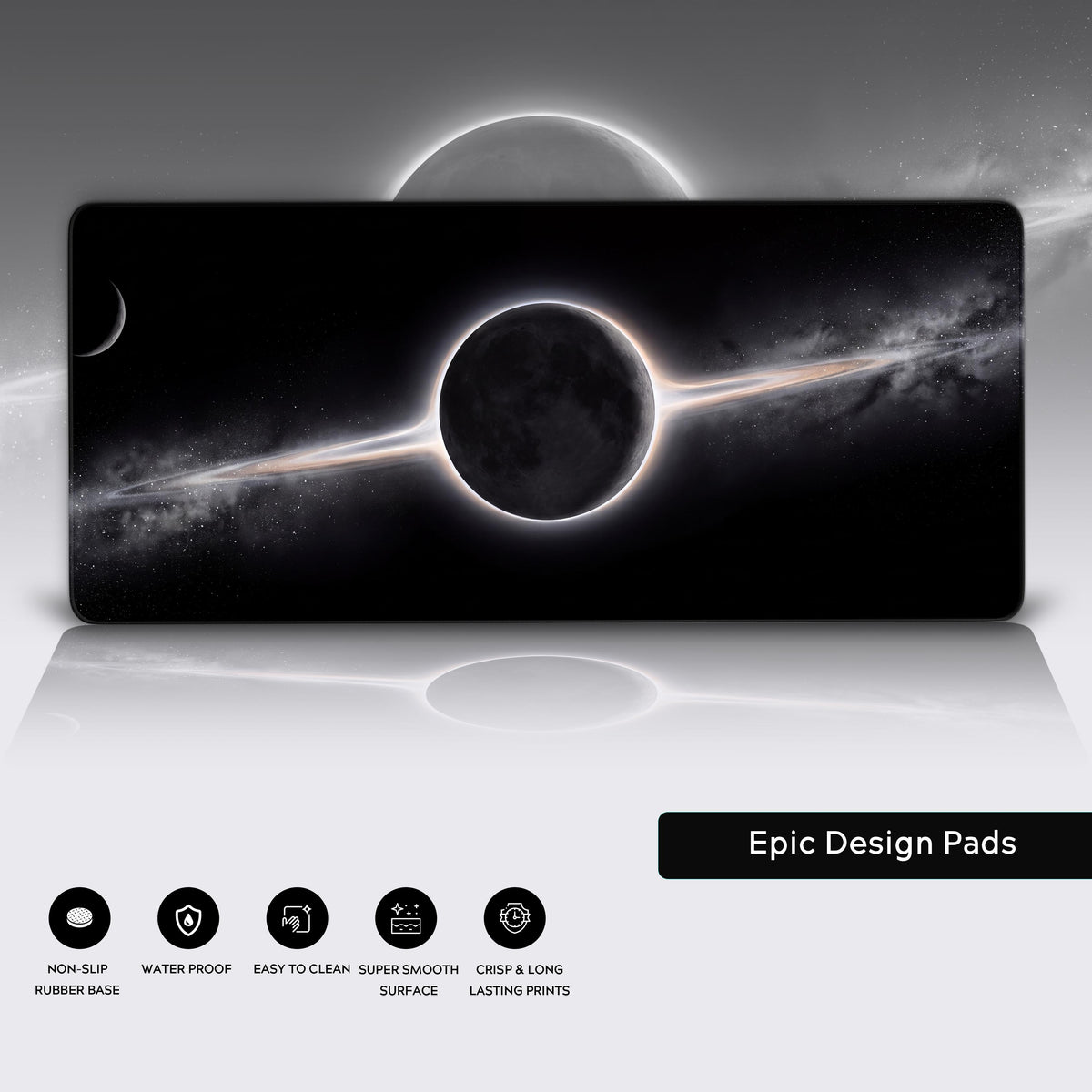 Product features graphic showcasing the minimalist black and white space artwork