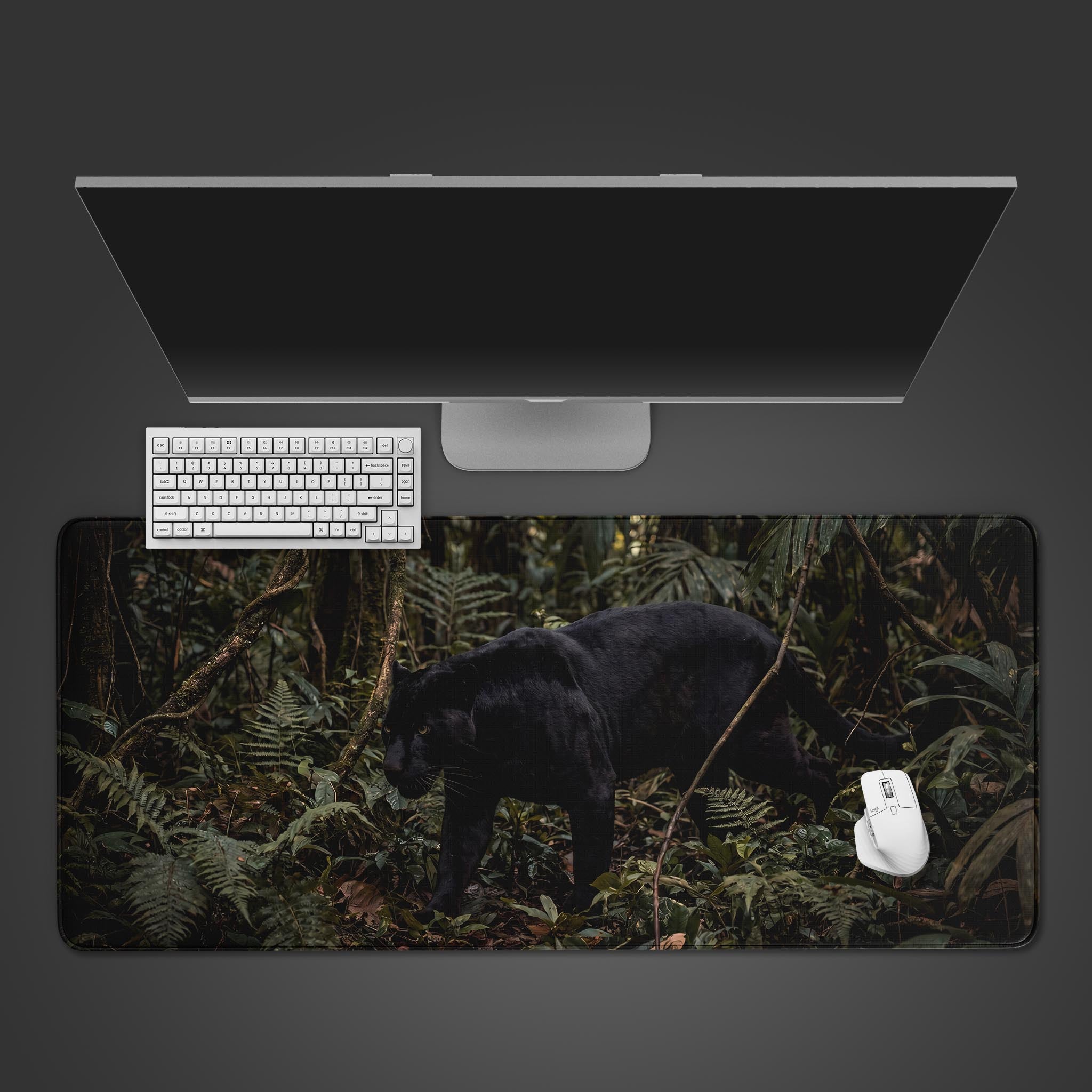 A sleek black panther prowling through a dense dark green jungle on a premium large gaming desk mat.