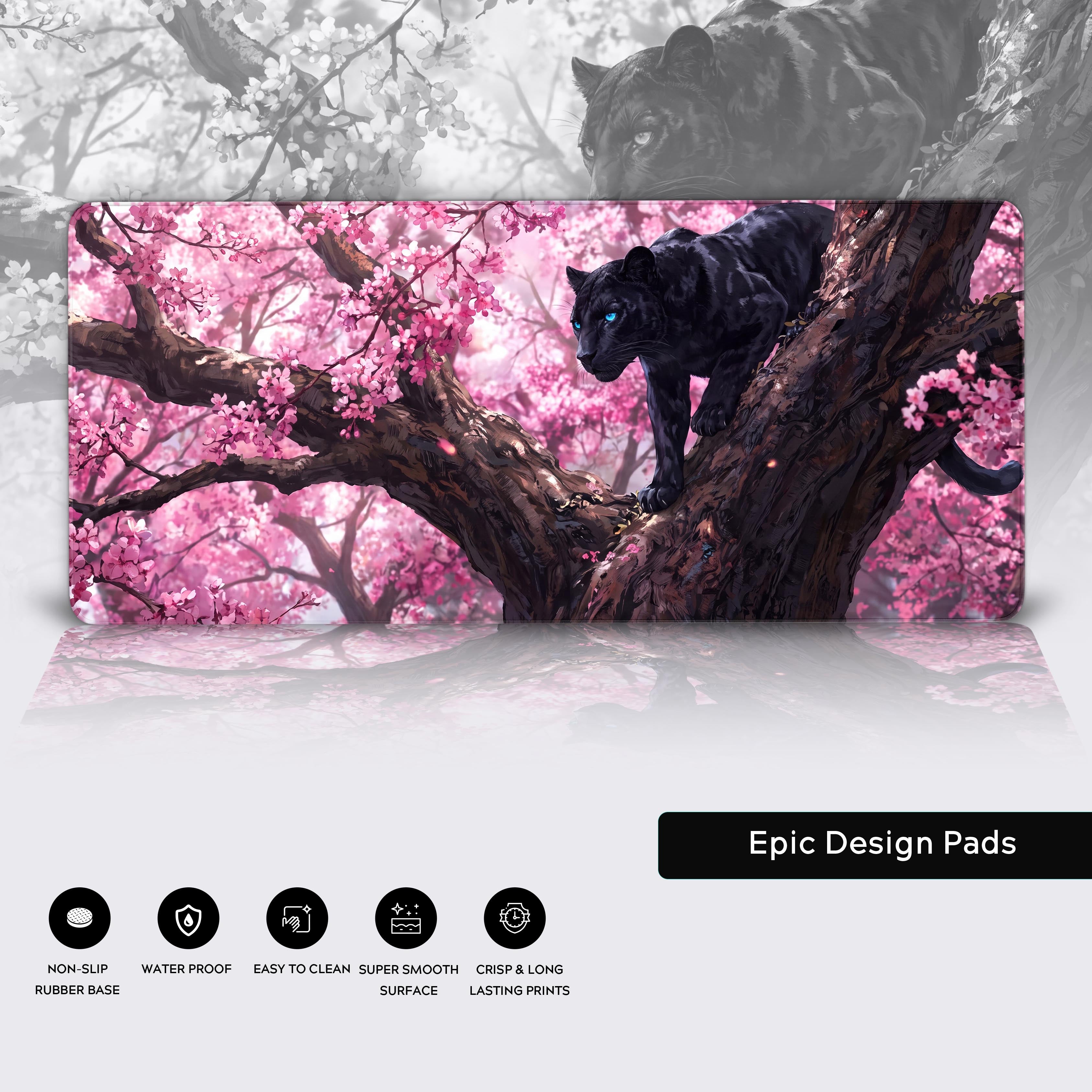 Epic Design Pads preview showing the Sakura Panther desk mat with its striking wildlife and nature artwork
