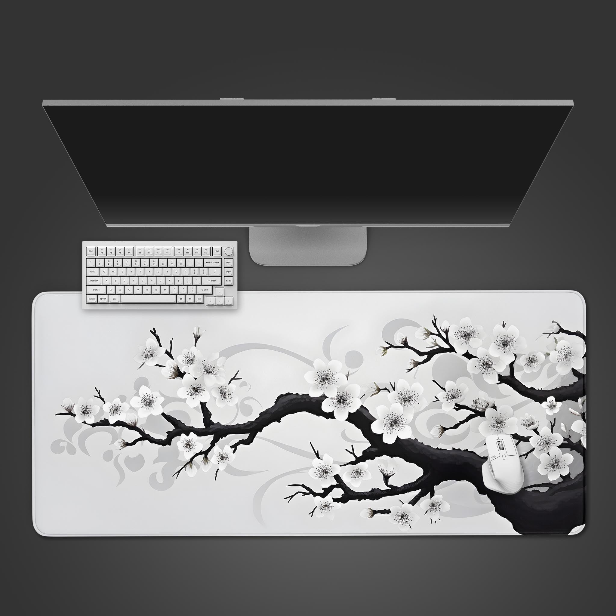 Black & White Sakura Desk Pad, Cherry Blossom Desk Mat, Elegant