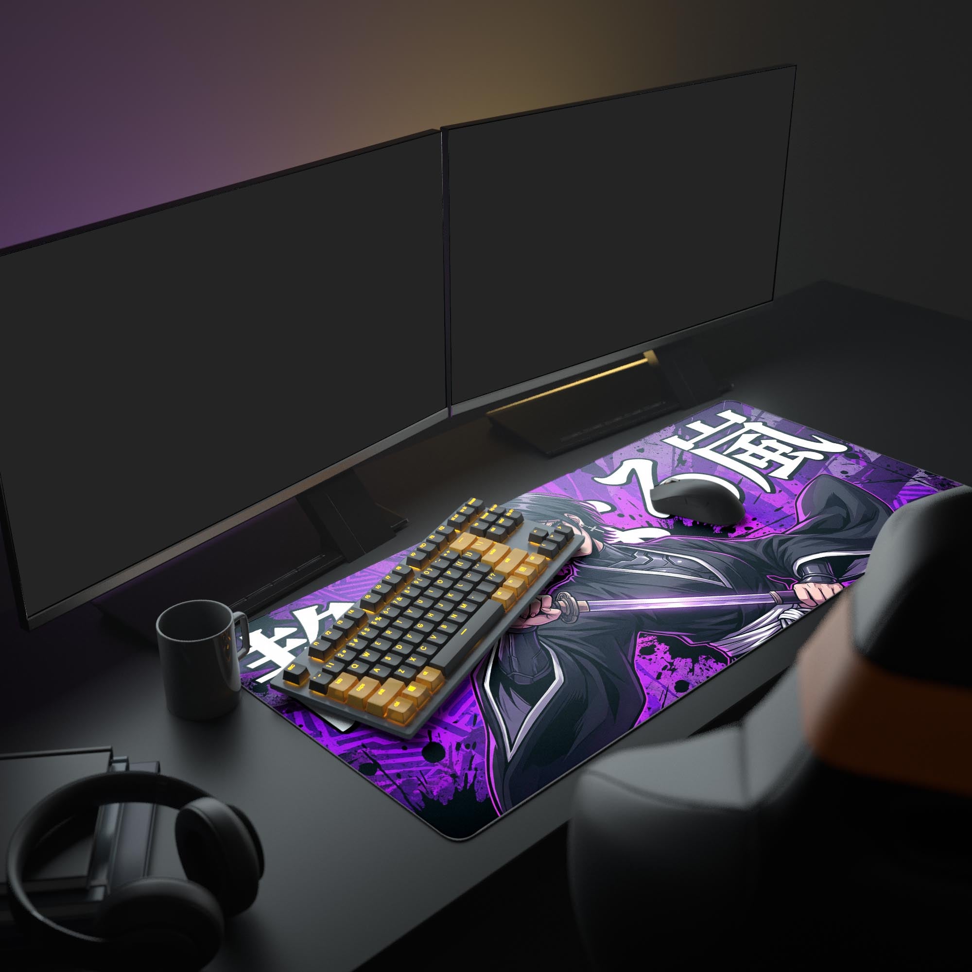 A full gaming setup featuring the purple and black Blade of Silence anime gaming desk mat, with an illuminated keyboard, gaming mouse, and monitors creating a stylish battlestation. - Epic Design Pads & Mousepads