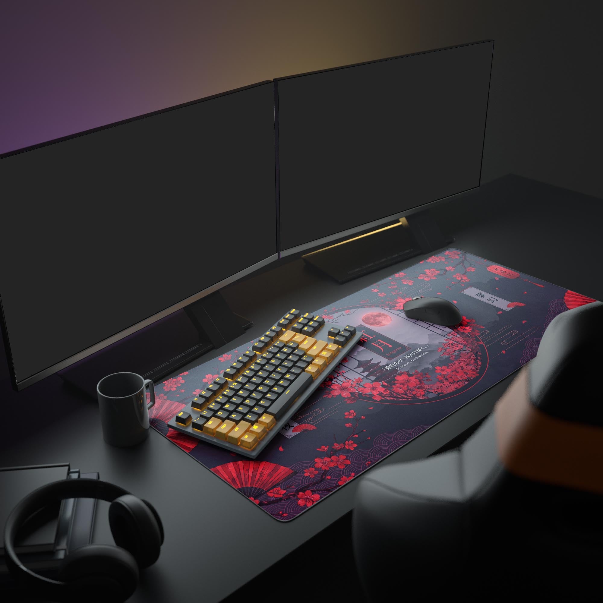 Detailed view of the desk mat artwork showing red folding fans, stylized clouds, and Japanese text banners.