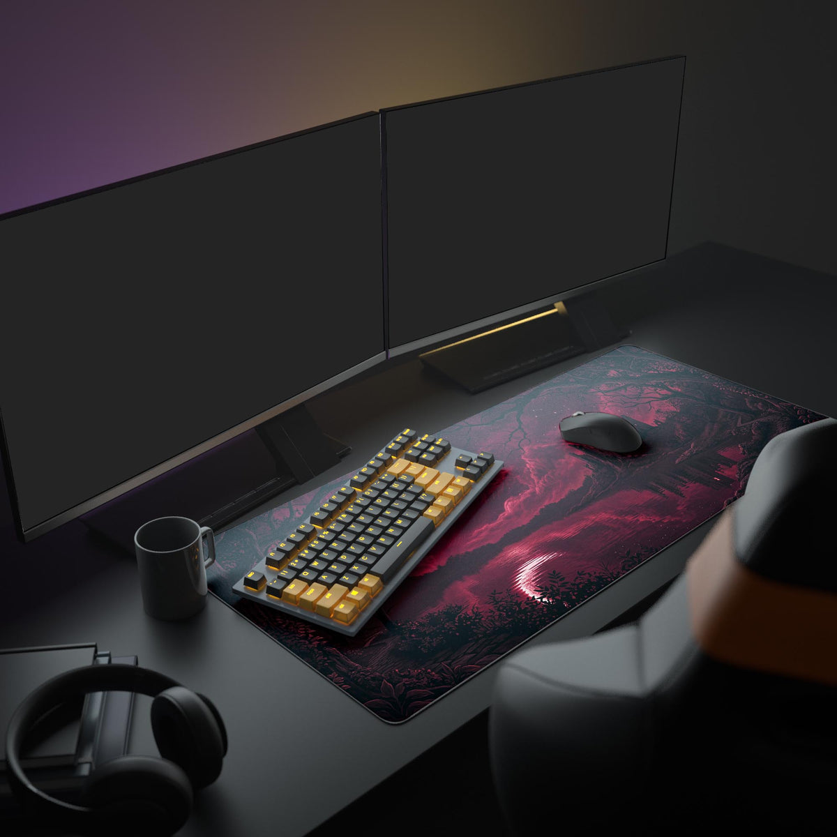 A full gaming PC setup featuring the dark fantasy Blood Moon Keep mouse pad, which complements the illuminated keyboard, mouse, and monitors. - Epic Design Pads & Mousepads