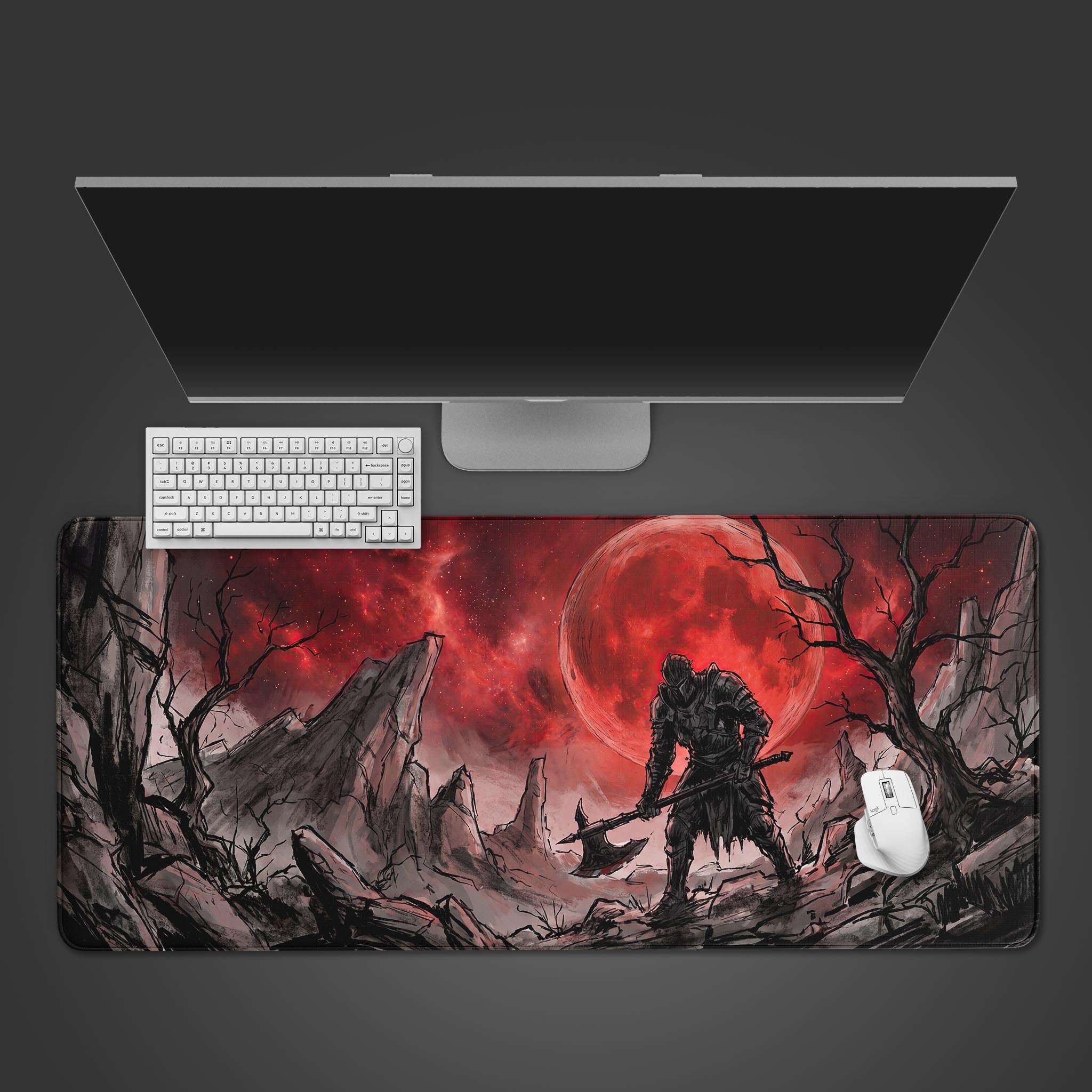 Blood Moon Knight dark fantasy gaming desk mat with a crimson moon and warrior