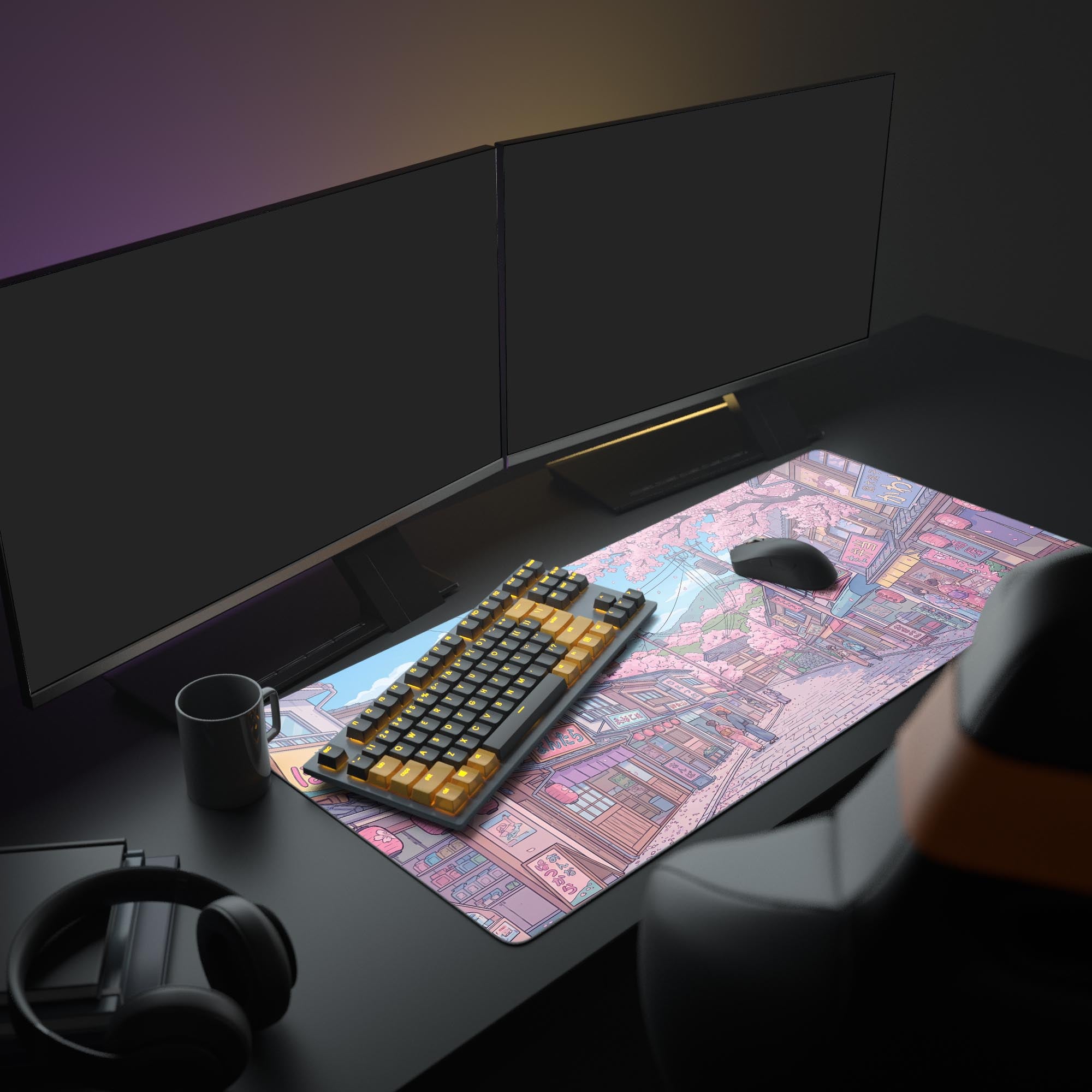 A complete PC gaming setup featuring the Blossom Lane mouse pad, which displays a pastel Japanese city under sakura trees, complementing the monitor and keyboard. - Epic Design Pads & Mousepads