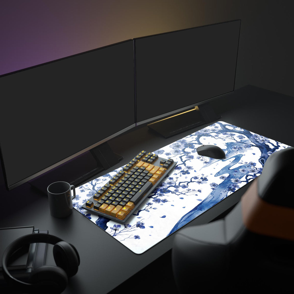 Close-up of the smooth, waterproof desk pad surface showing intricate blue watercolor floral details.