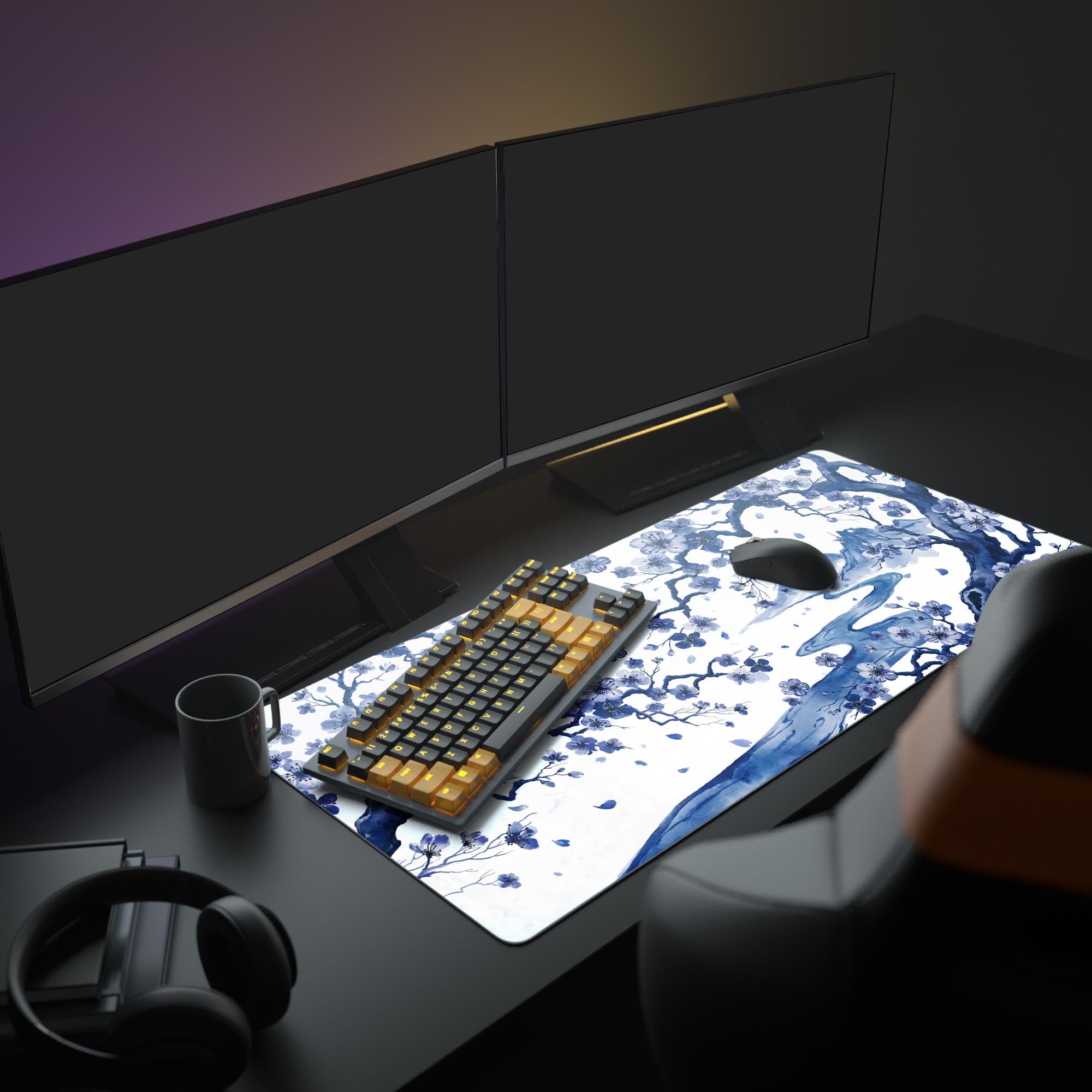 Close-up of the smooth, waterproof desk pad surface showing intricate blue watercolor floral details.