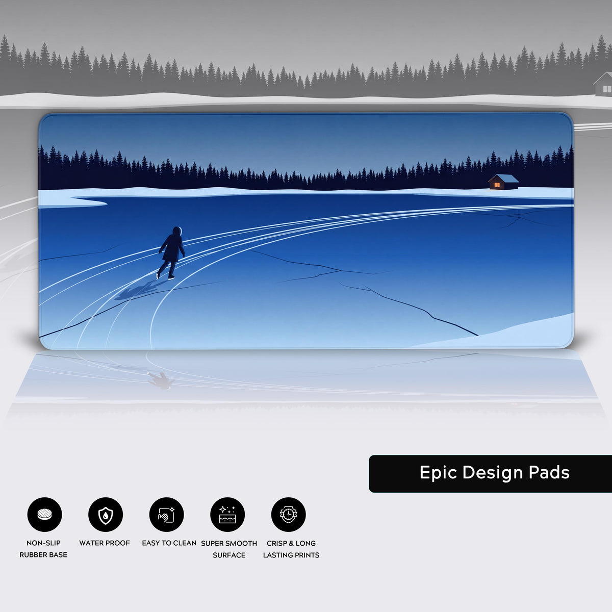 Features panel showing the frozen lake skater desk mat over a faded copy of its art, with five feature icons below