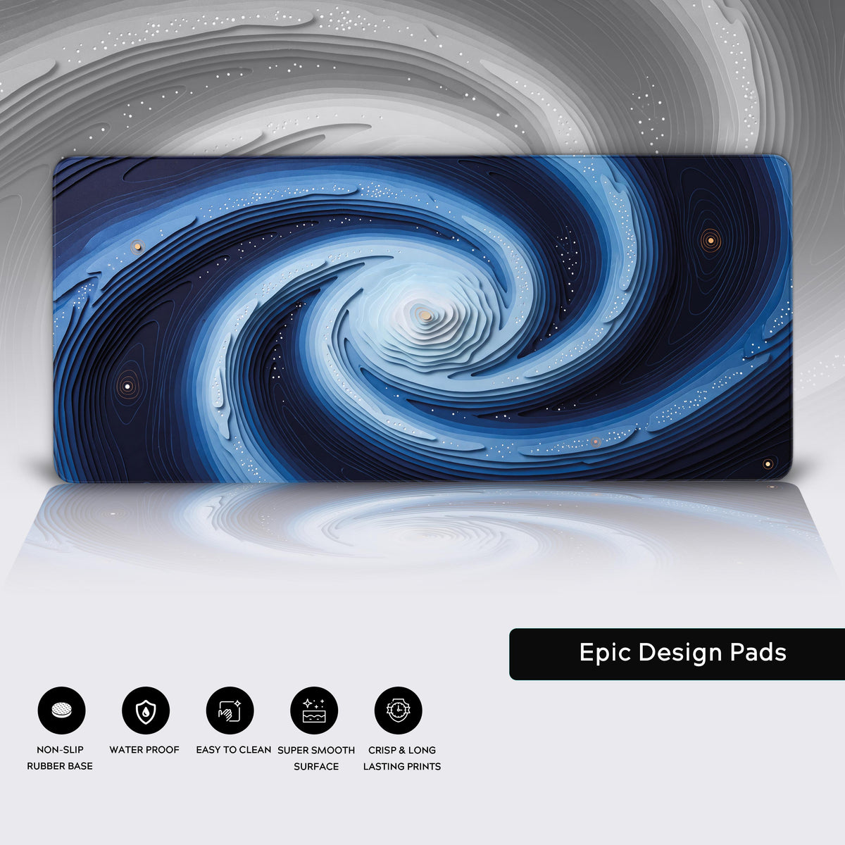 Features panel: the blue spiral galaxy desk mat over a grey copy of its layered art, with five feature icons below